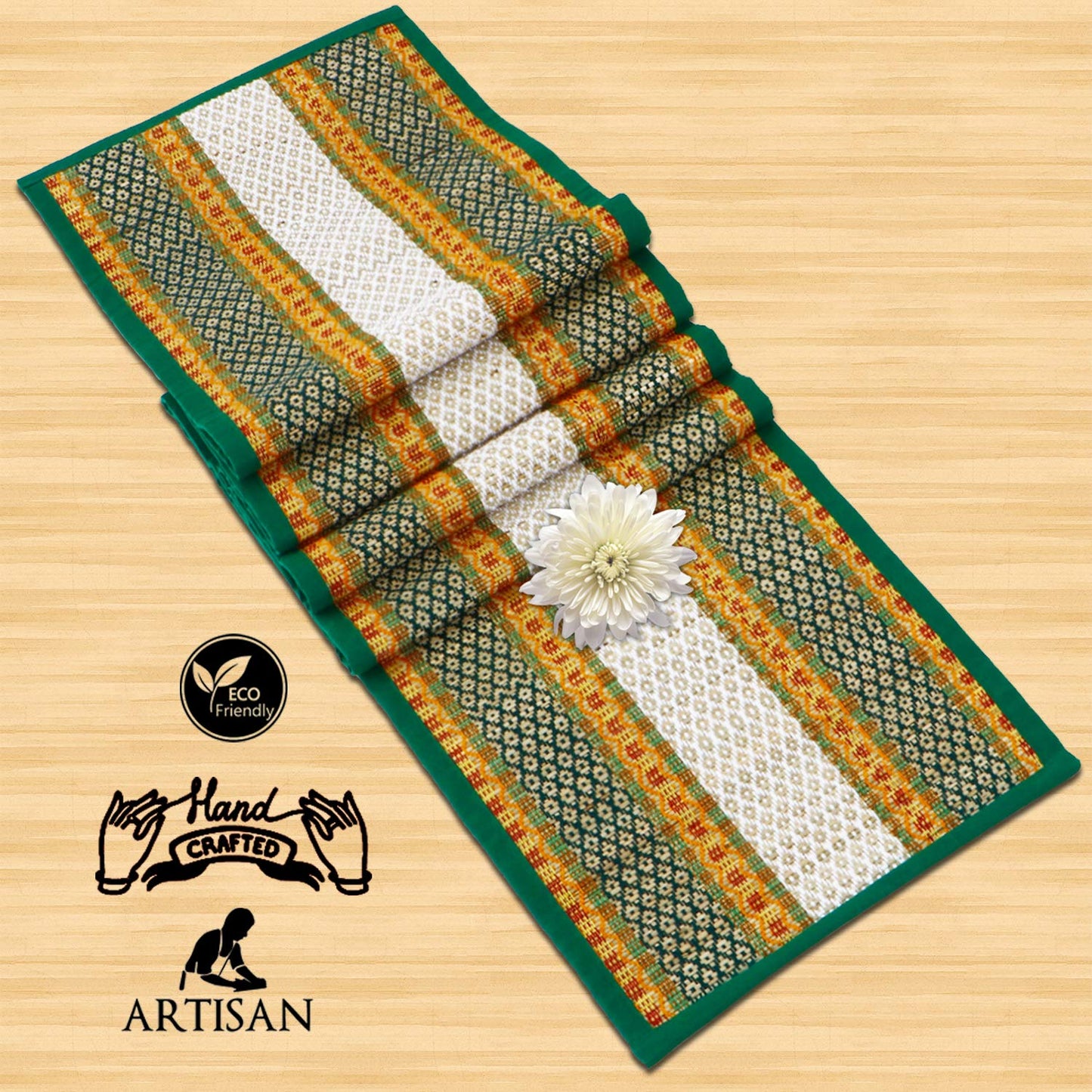 Natural Handmade Madurkathi Table Runner for Dining Table, Centre Table, Coffee Table, Teapoy, Green