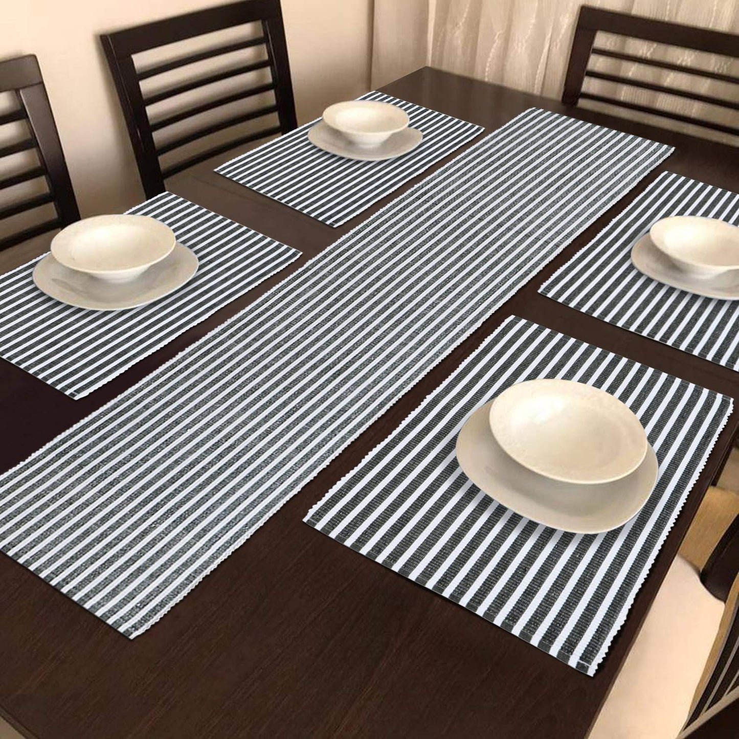 Ribbed Cotton Heat Resistant Dining Table Mat, Grey Striped