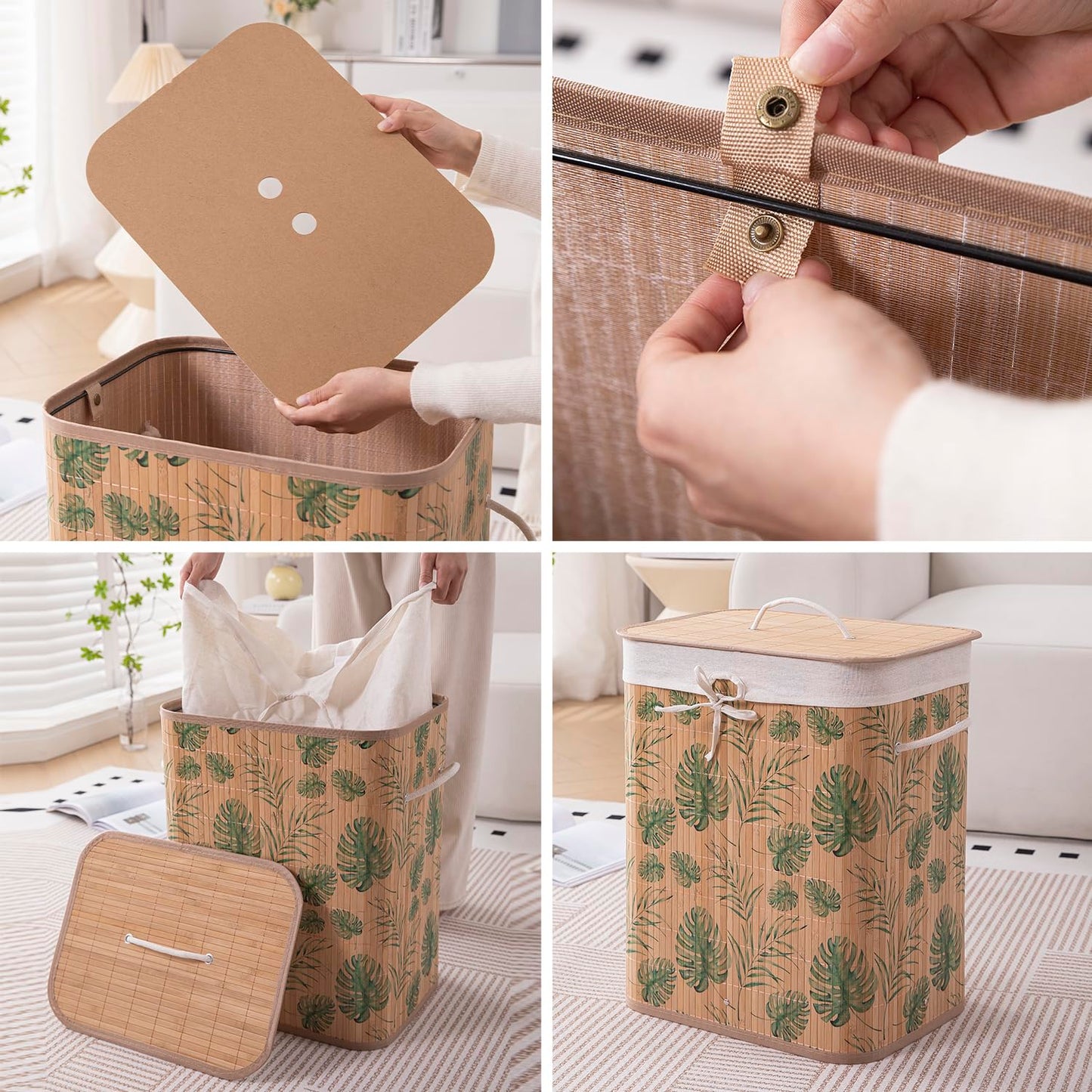 Eco-Friendly Foldable Bamboo Laundry Basket Hamper with Lid, Large - 60 Liter, Tropical Leaves