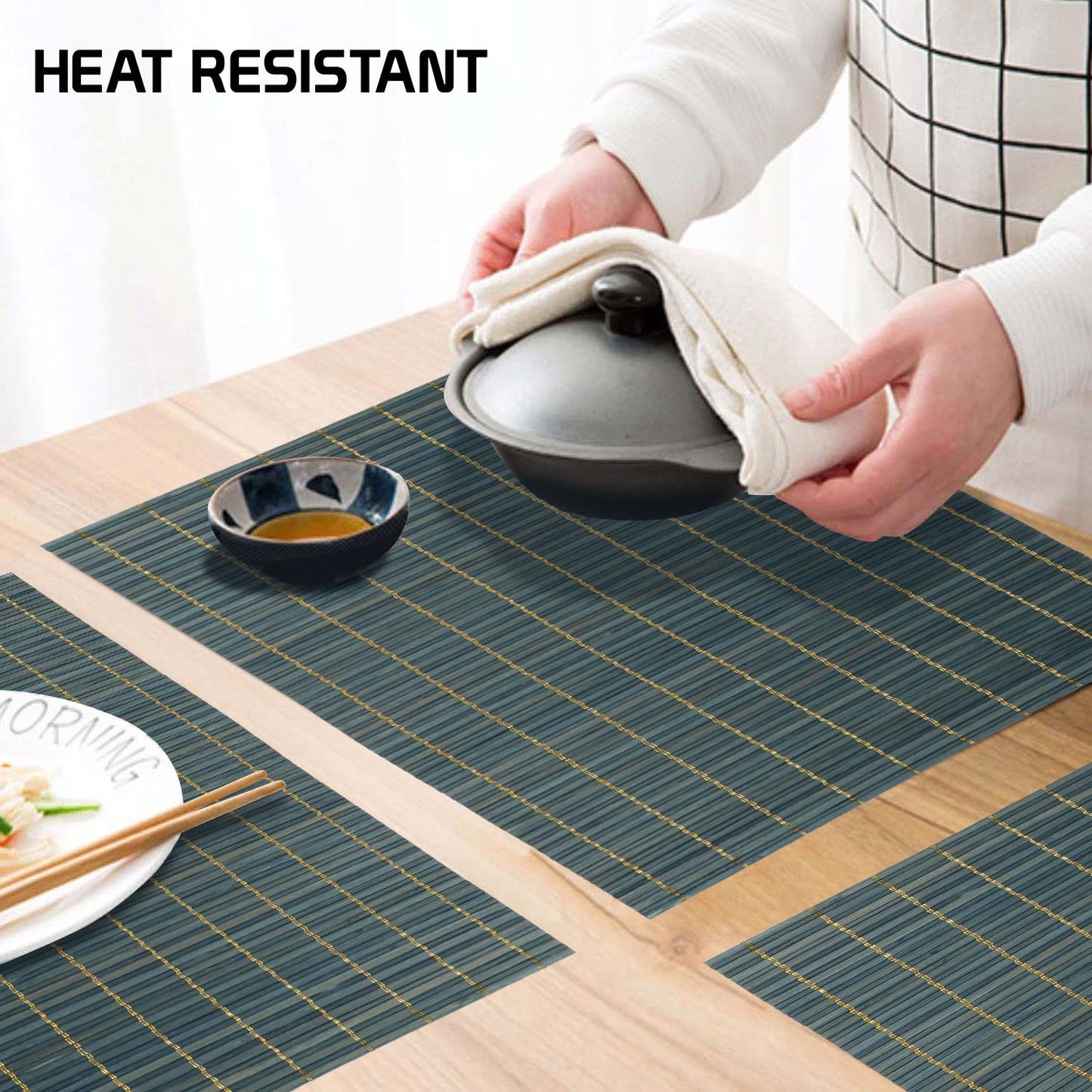 Reversible Bamboo Placemats For Dining Table Set Of 6 Table Mats, 45X30 Cm, Prussian Blue