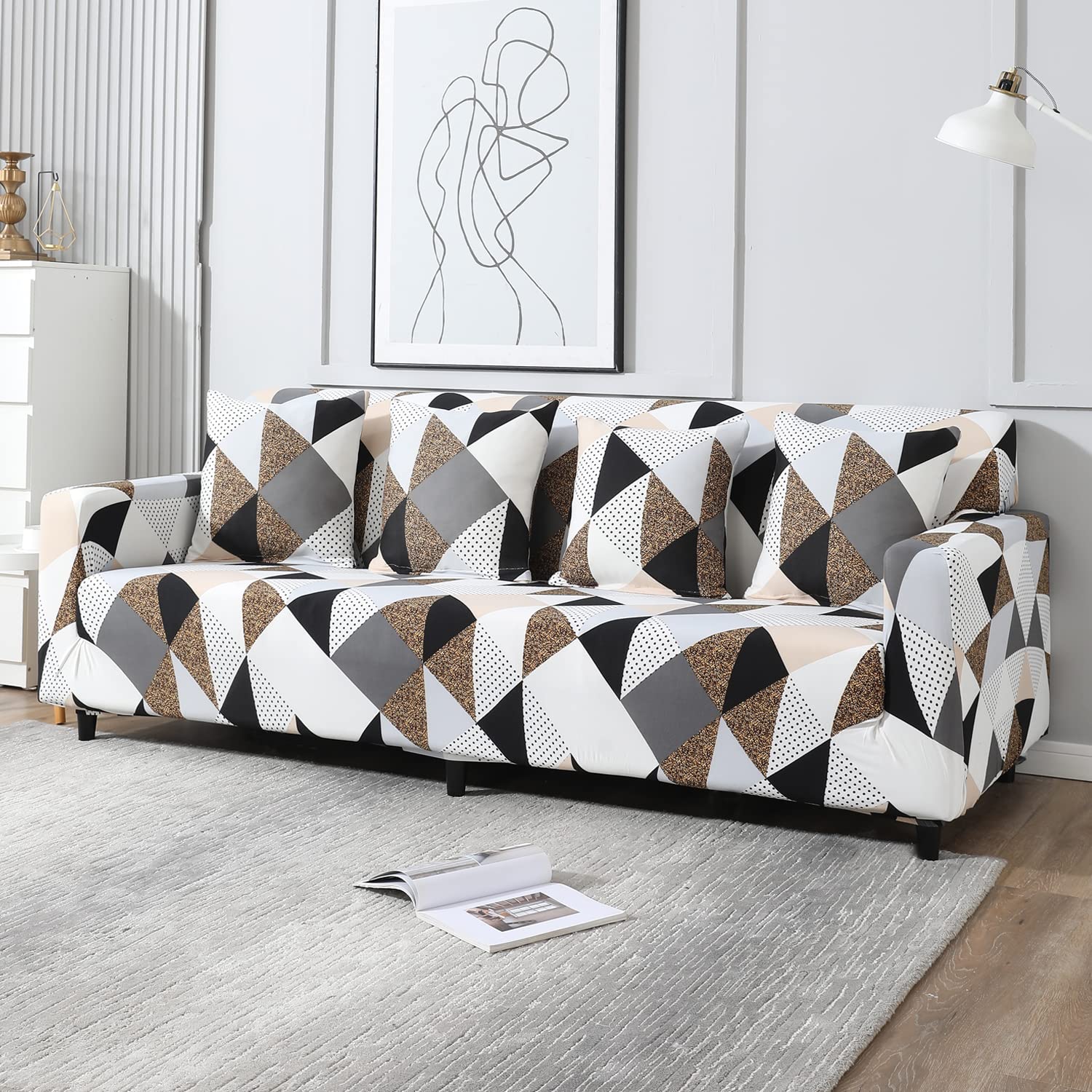 Grey Brown Geometric, non slip, Stretchable 4 seater sofa covers