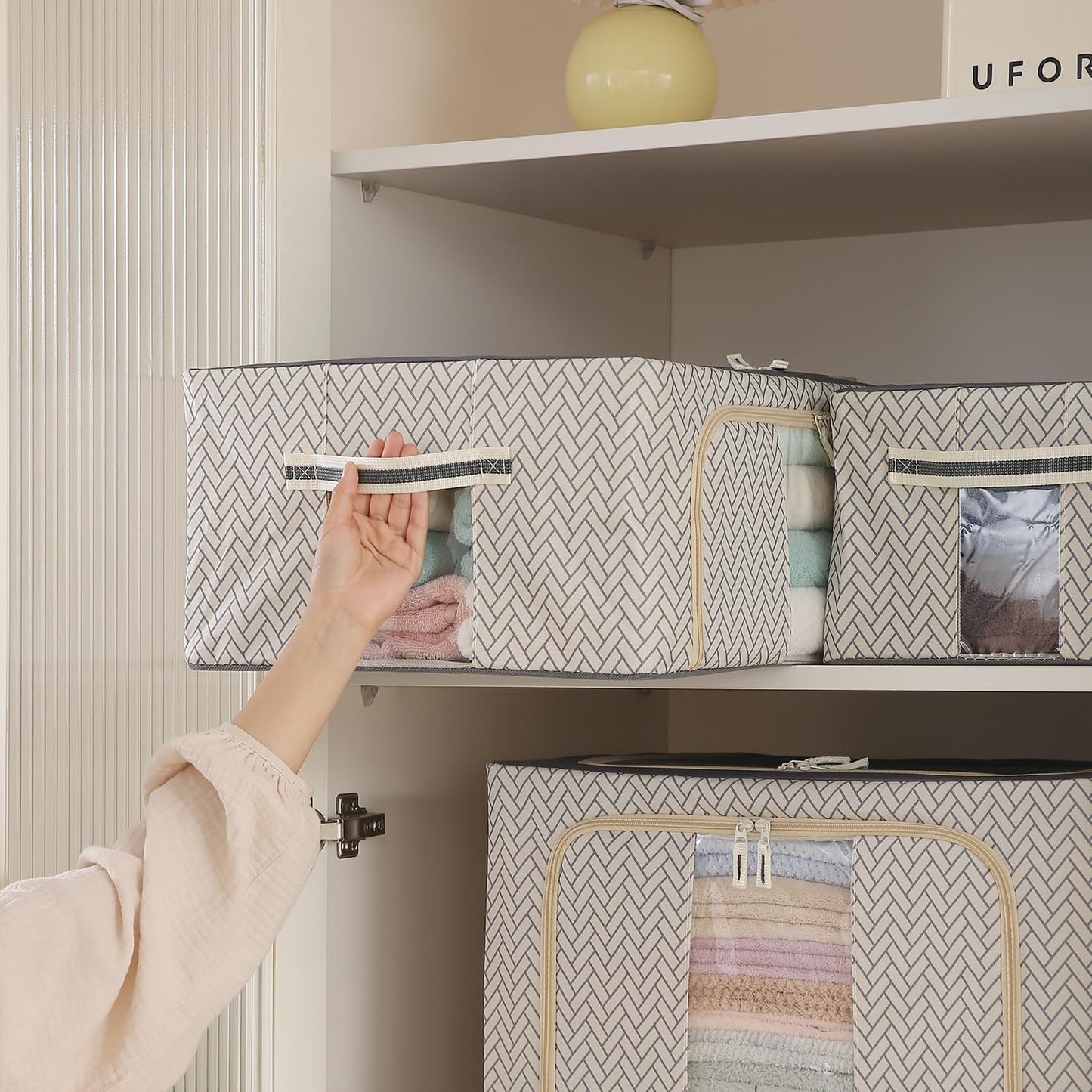 Wardrobe Organizer Storage Box | Foldable Cloth Storage Boxes with Metal Frame & Window | 600D Oxford Fabric, Cream Mist