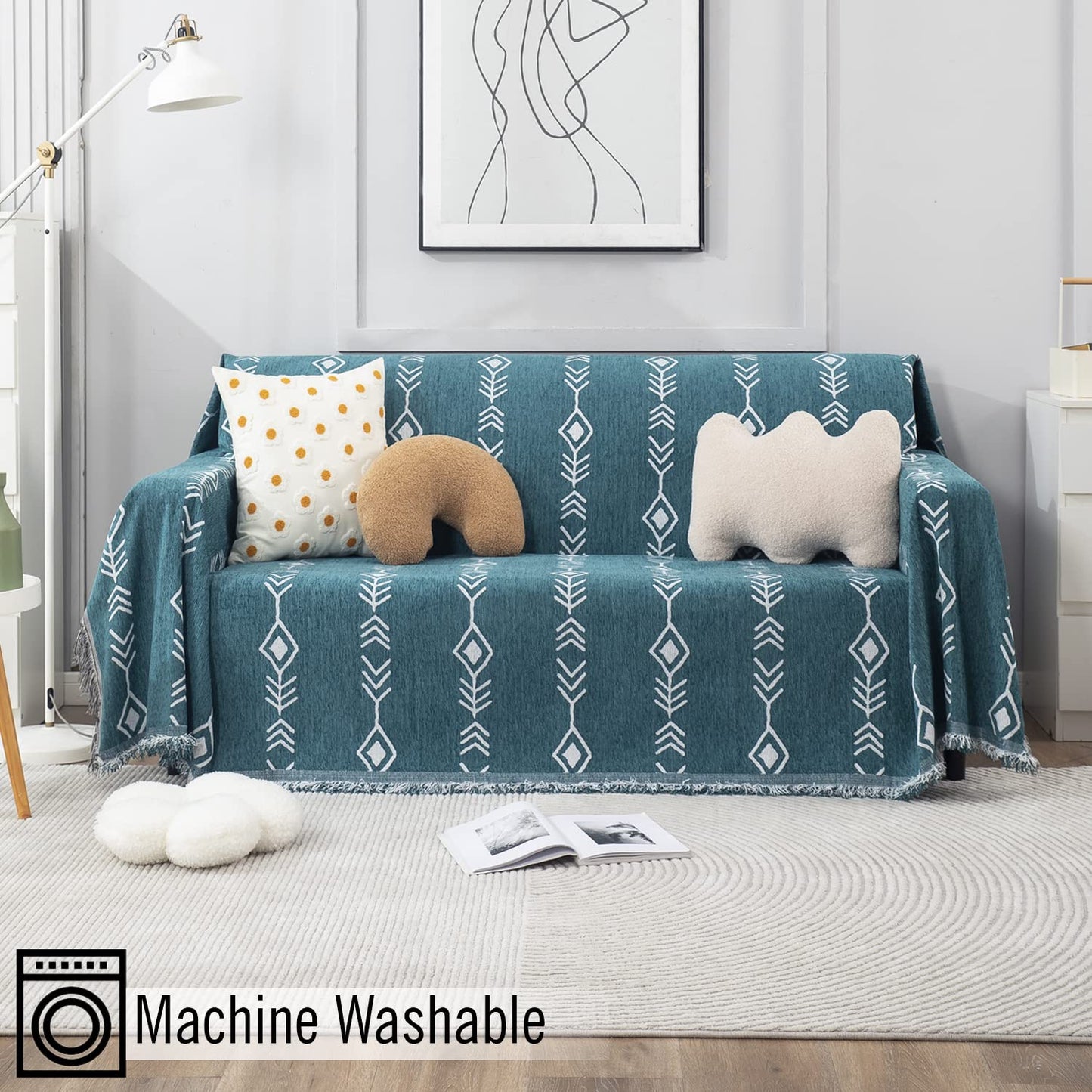 Thick, Soft and Pet Friendly Chenille Sofa Cover Throw, Teal Aztec