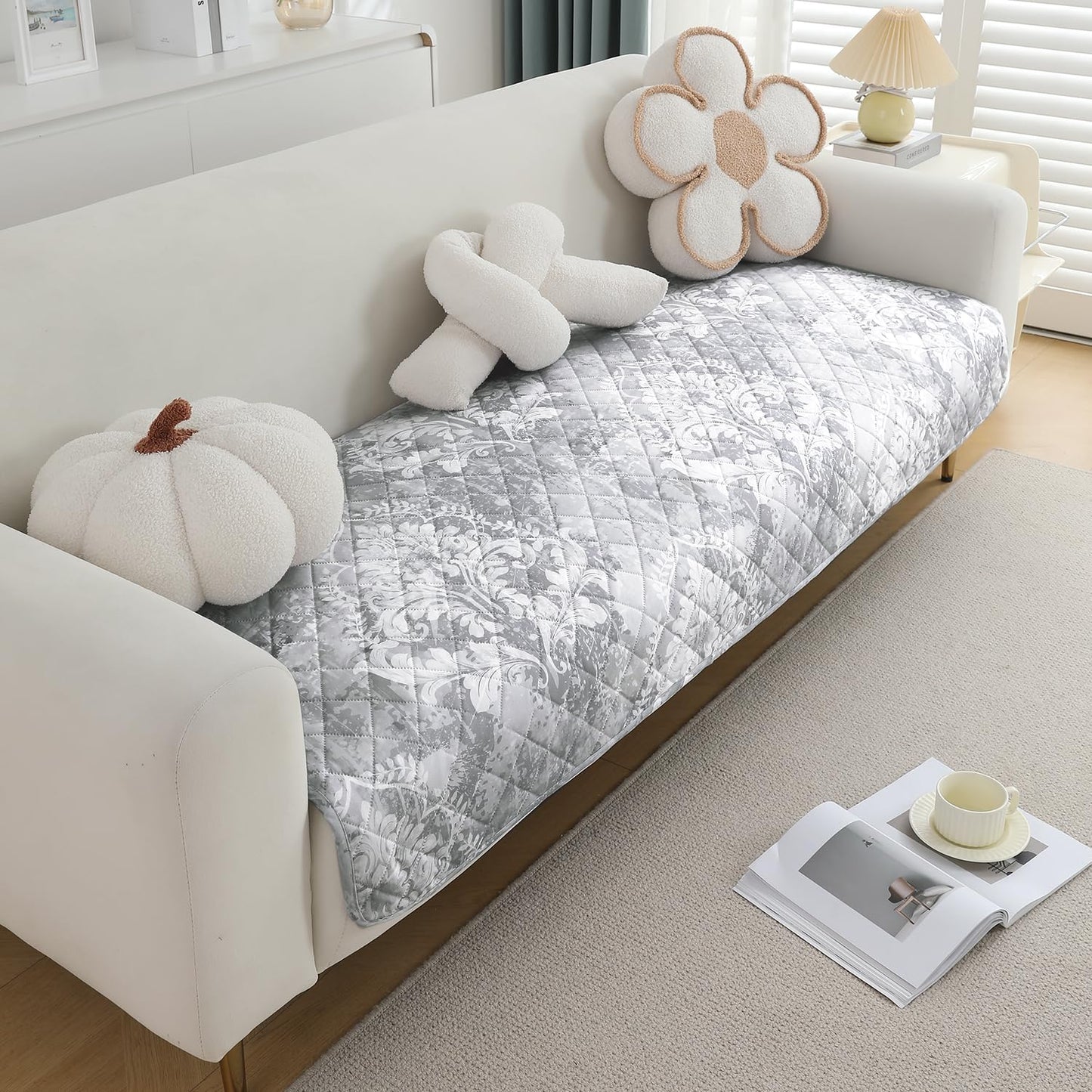 HOKIPO Quilted, Waterproof and Anti-Slip Sofa Cover Mat, Motifs Cloud Grey