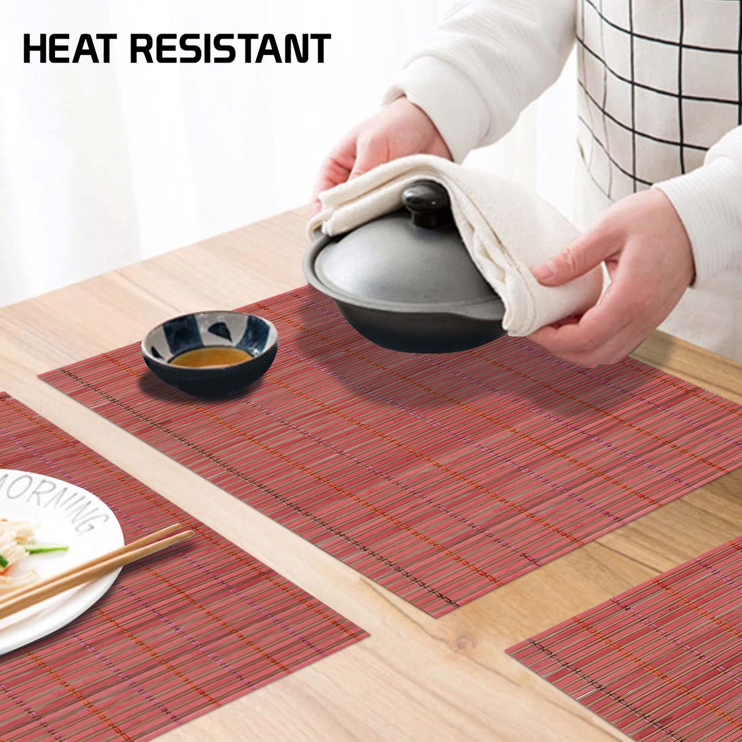 Reversible Bamboo Placemats for Dining Table Set of 6 Table Mats, 45x30 cm, Blush Red