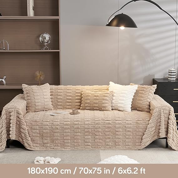 Beige Luxury Waxy Faux Rabbit Fluffy Plush Sofa Throw Available for 1/2/3 seater sofas | HOKIPO