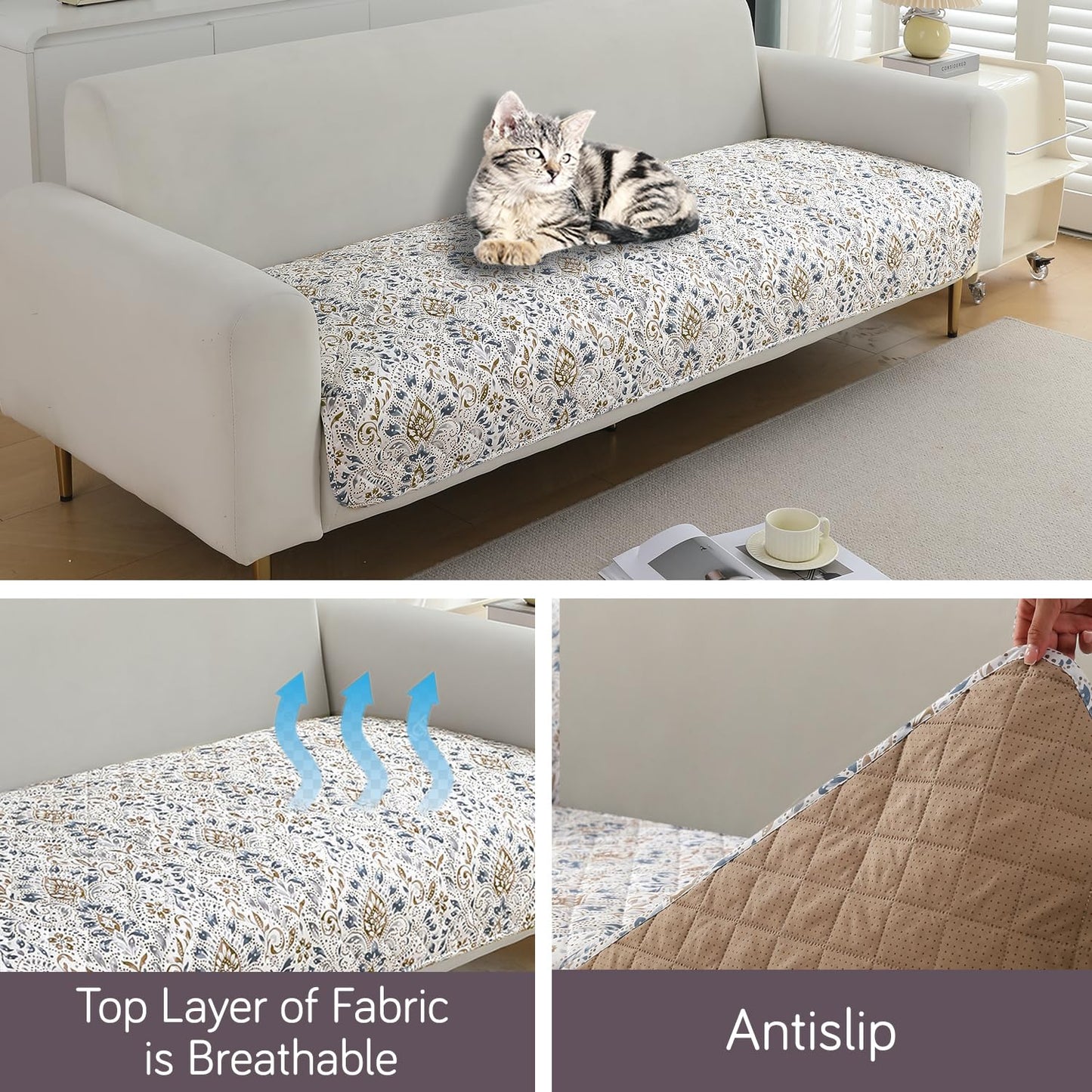 Quilted 1/2/3 Seater Waterproof and Anti-Slip Sofa Cover Mat, Damask White
