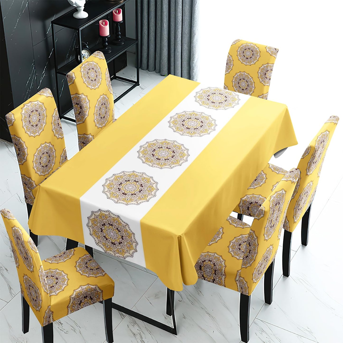 Yellow Printed Dining Table Cover with Chair Covers | 4/6 Seater