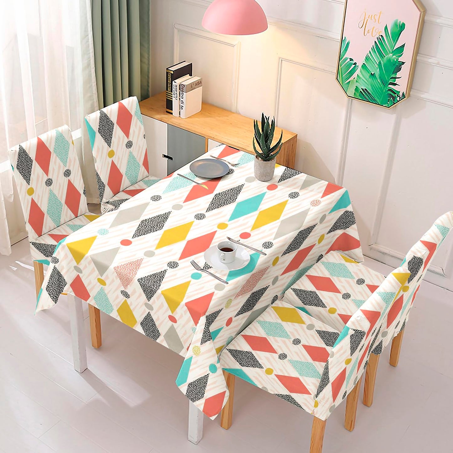 Elastic Dining Chair Covers Set of 4/6 with Matching Tablecloth, Rhombus Multicolor