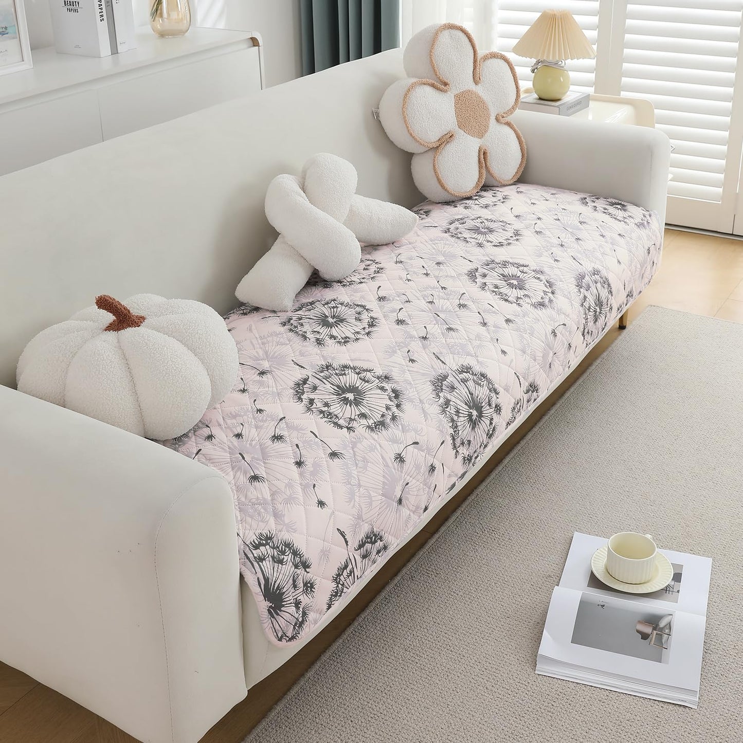 Quilted 1/2/3 Seater Waterproof and Anti-Slip Sofa Cover Mat, Dandelion Anchor Grey