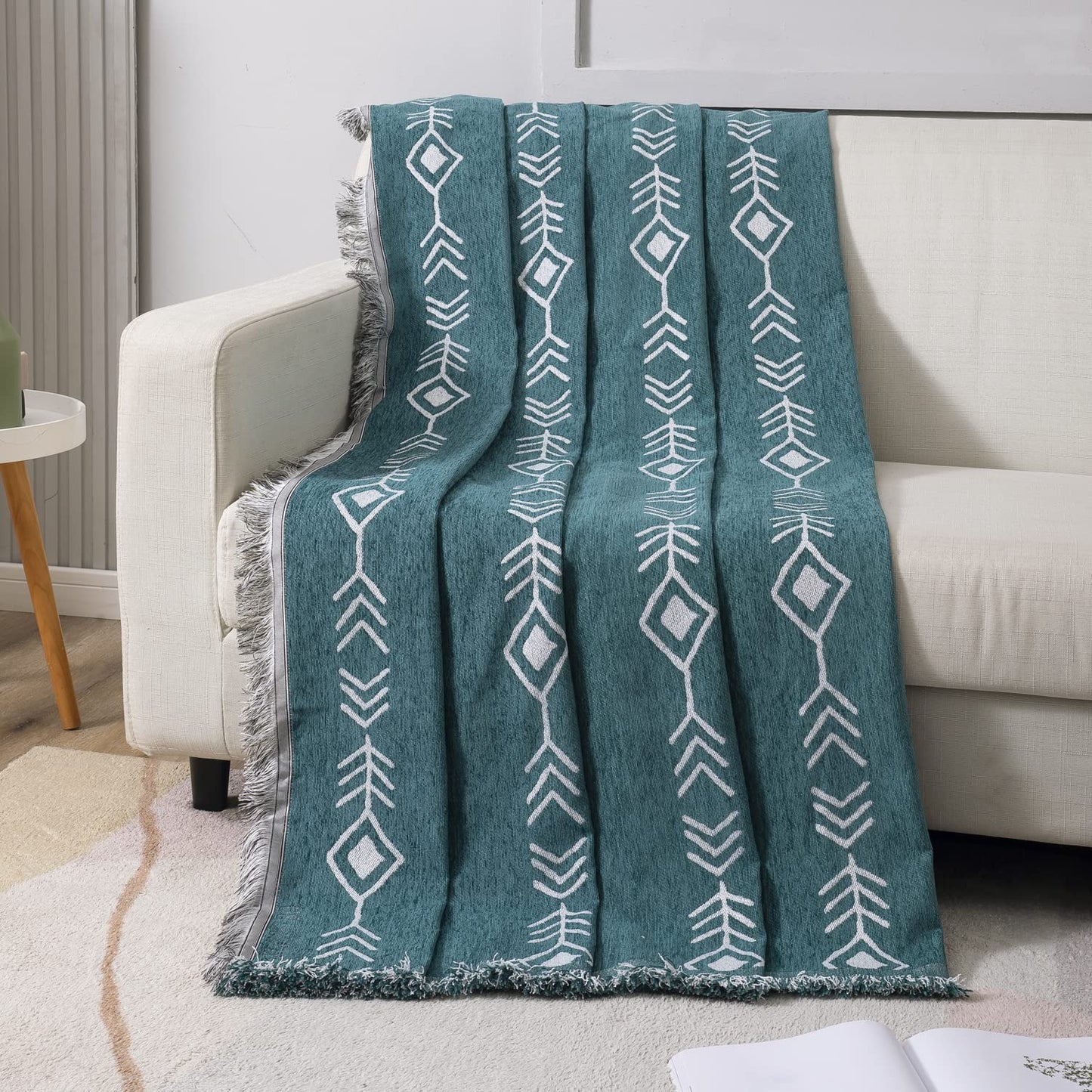 Thick, Soft and Pet Friendly Chenille Sofa Cover Throw, Teal Aztec