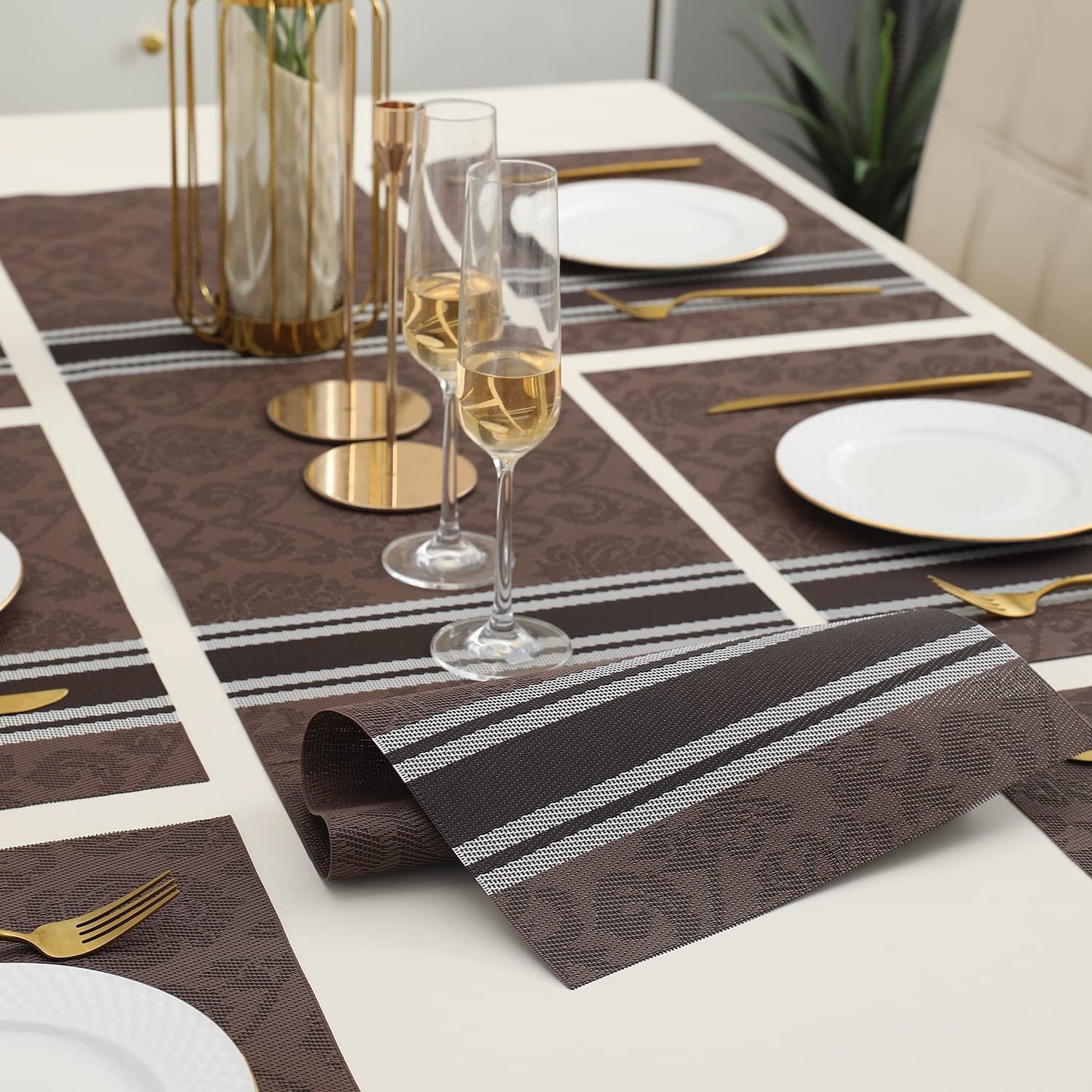 PVC Dining Table Mats, Damask Brown