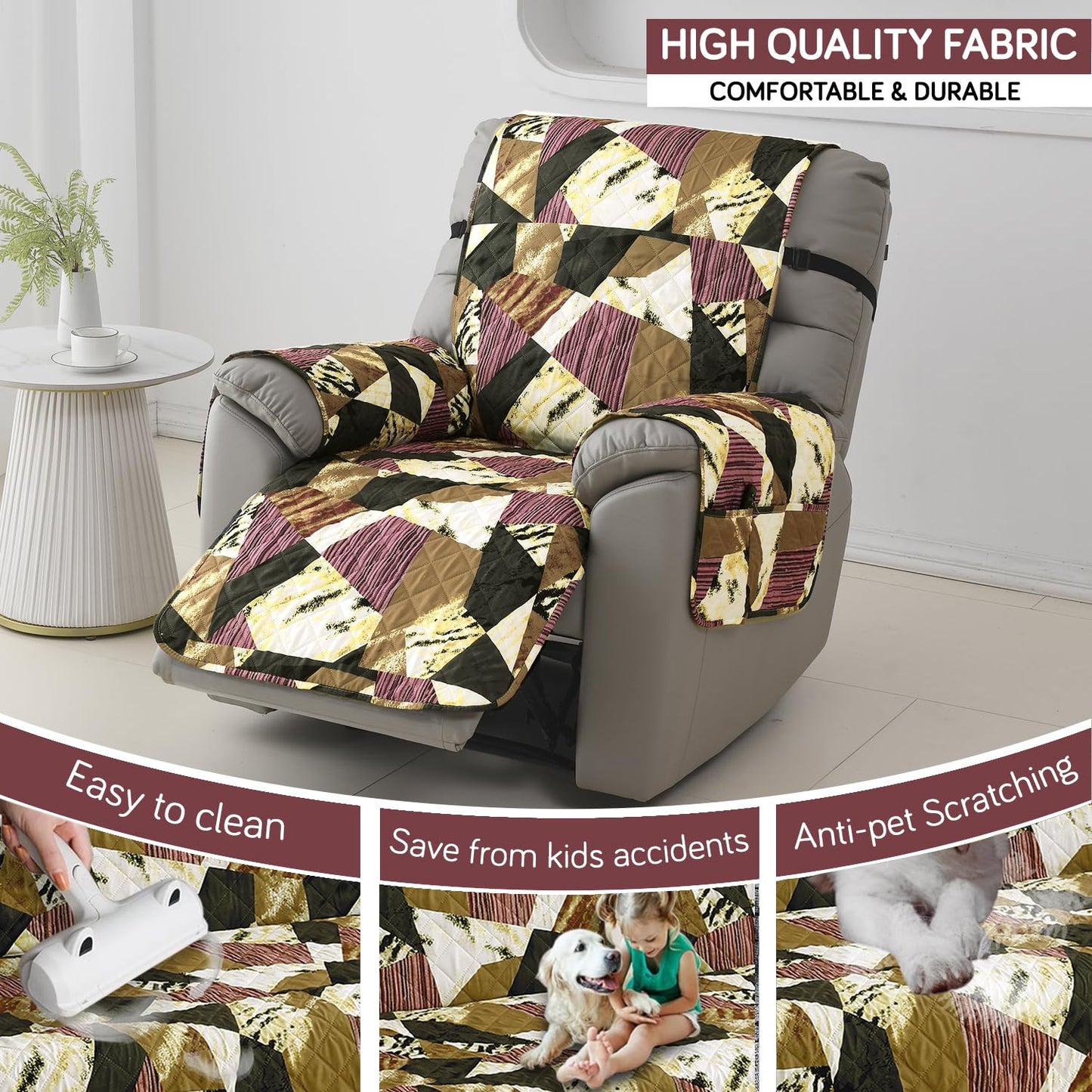 Quilted Recliner Water Repellent & Waterproof Cover for Small / Large - Wine Abstract Geometry