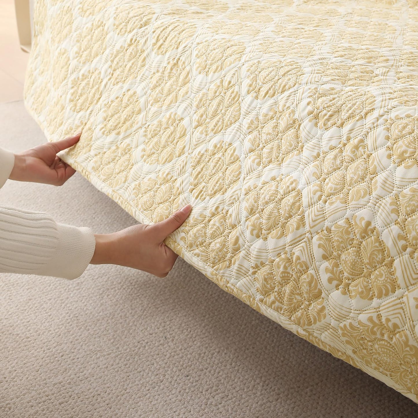 Quilted Printed L Shape Sofa Cover Mat for 2+2/3+2/3+3 Seater, Ogee Ivory