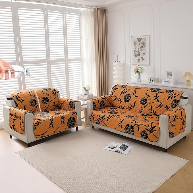 Waterproof & Quick-Dry Quilted Sofa Cover with Pockets on Armrest and Cushion Cover, Copper Brown Floral