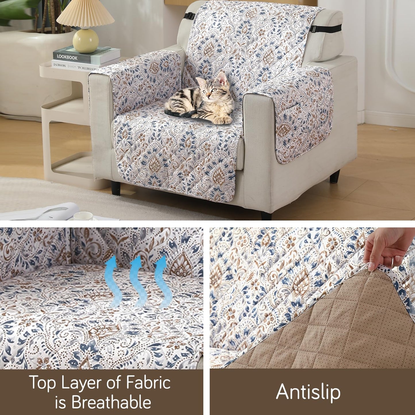 Quilted Waterproof Sofa Cover Mat with Pockets on Armrest Cover -Damask White