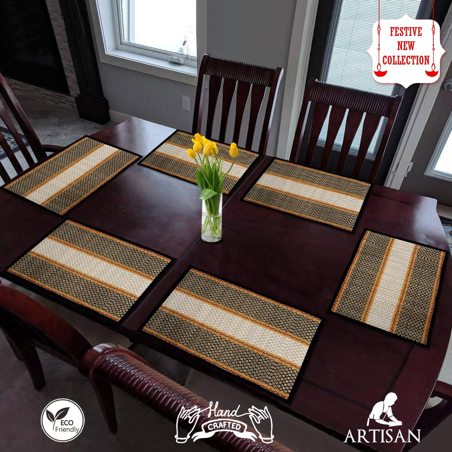 Handmade Madurkathi River Grass Dining Table Mats, Black