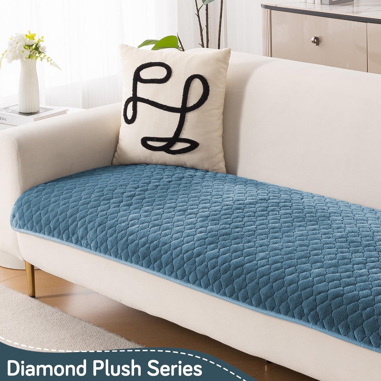 Diamond Plush Premium Quilted L Shape Sofa Cover Seat Mat, Blue
