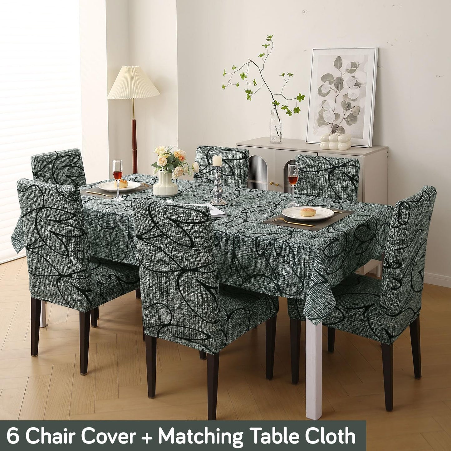 Elastic Dining Chair Covers with Matching Tablecloth, Intense Grey Abstract Floral