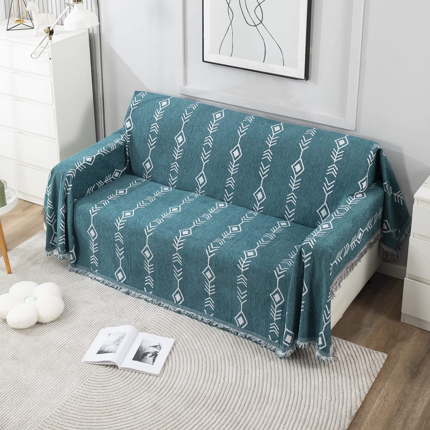 Thick, Soft and Pet Friendly Chenille Sofa Cover Throw, Teal Aztec