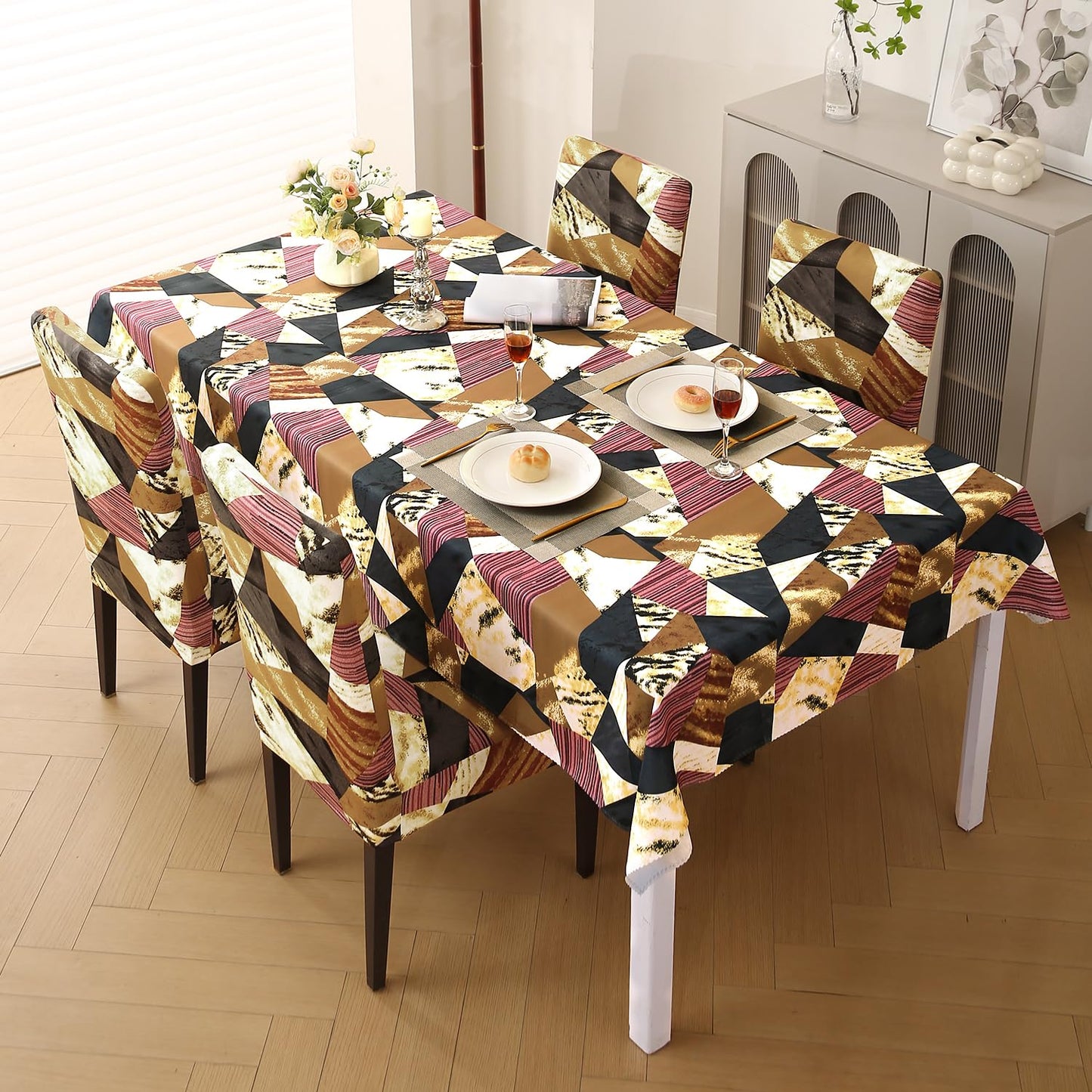 HOKIPO Elastic Dining Chair Covers with Matching Tablecloth, Wine Abstract Geometry