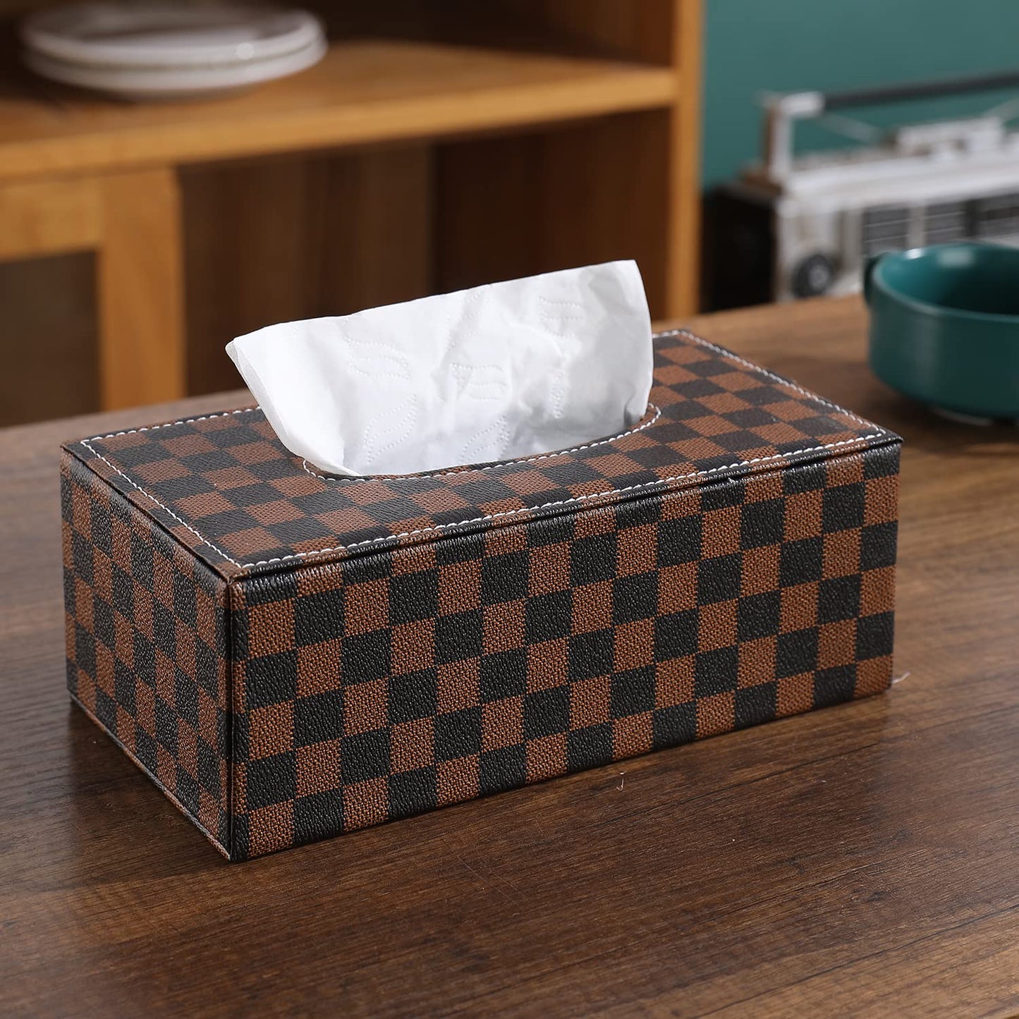 Brown Checks Leatherette Tissue Holder | HOKIPO