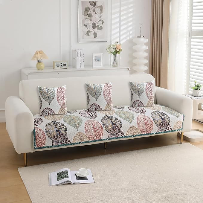 HOKIPO Quilted Sofa Cover Seat Mat for 1/2/3 Seater and Cushion Cover, Multicolor Linden Leaf