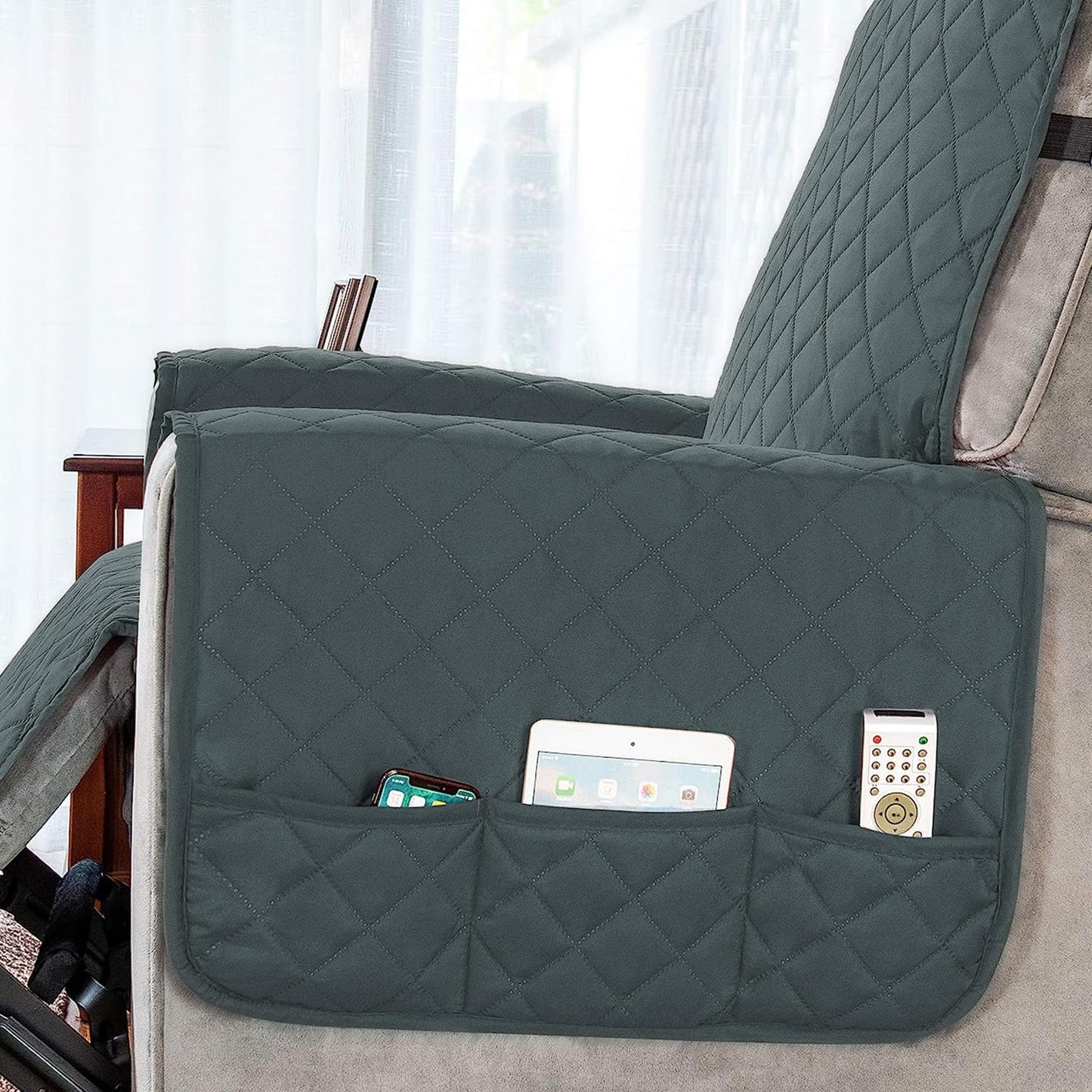 Quilted Recliner Chair Cover With Side Pockets for 1 Seater Sofa, Dark Grey