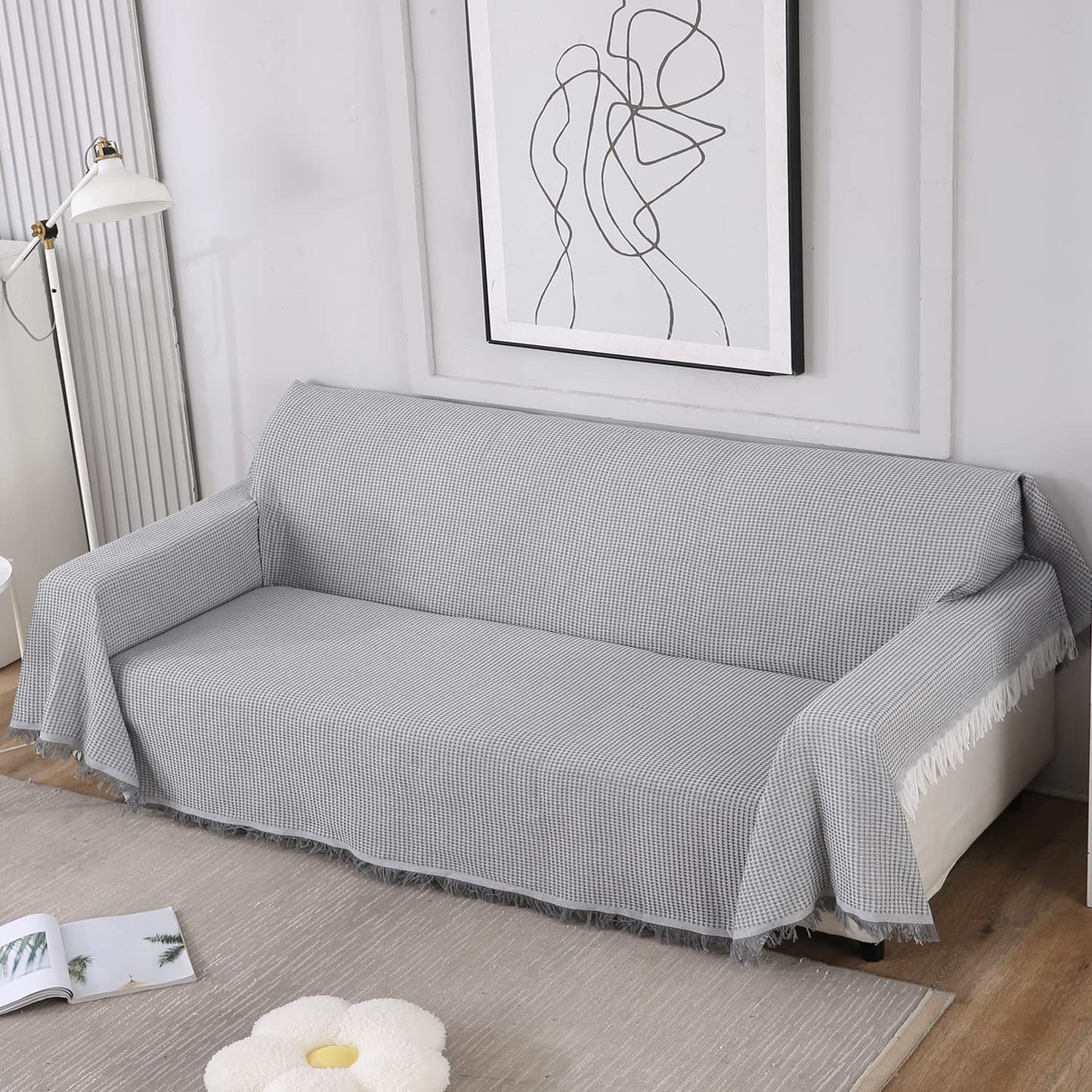 Grey colour polycotton 3 seater sofa throw of size 180(D)x300(L)