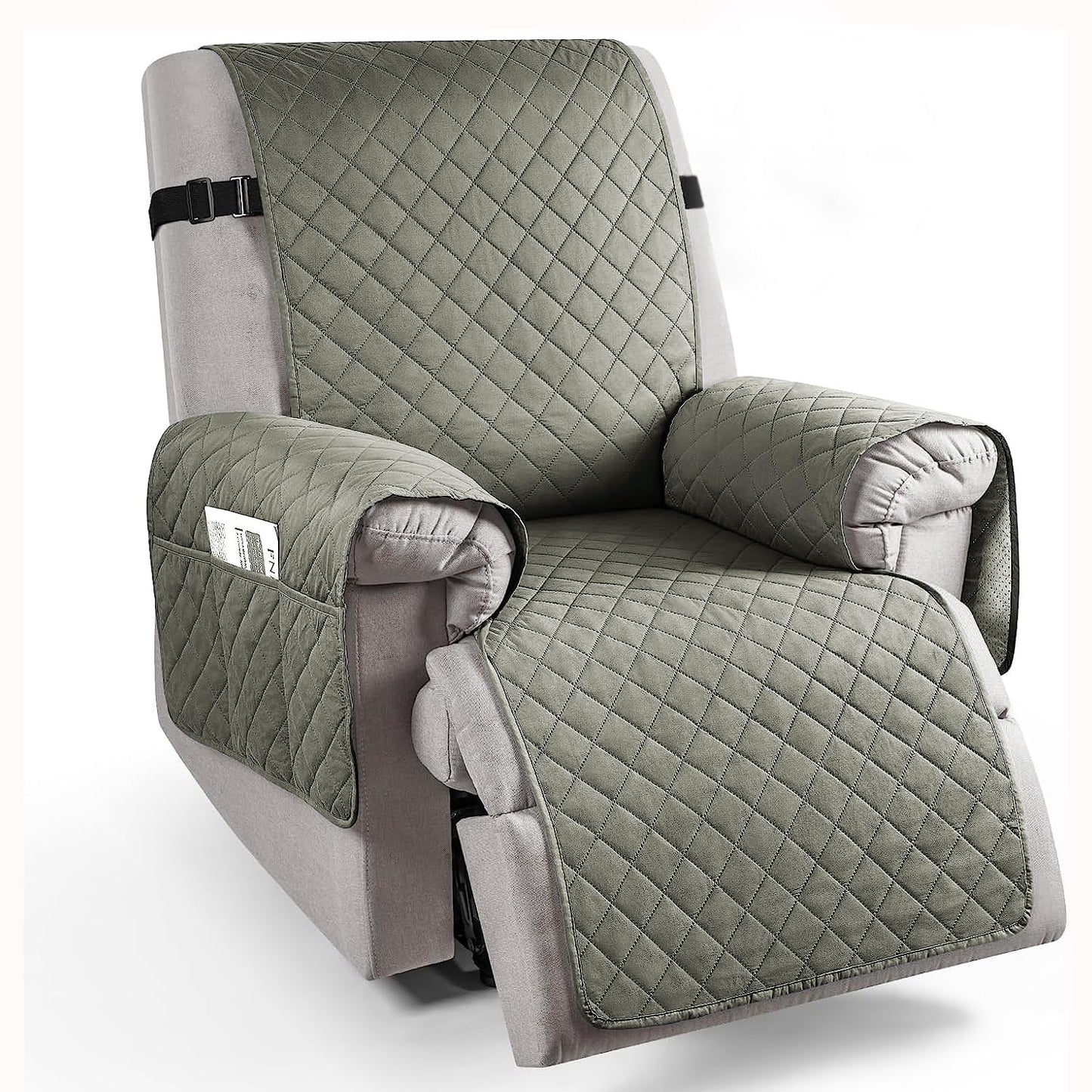 Quilted Recliner Chair Cover With Side Pockets for 1 Seater Sofa, Light Grey
