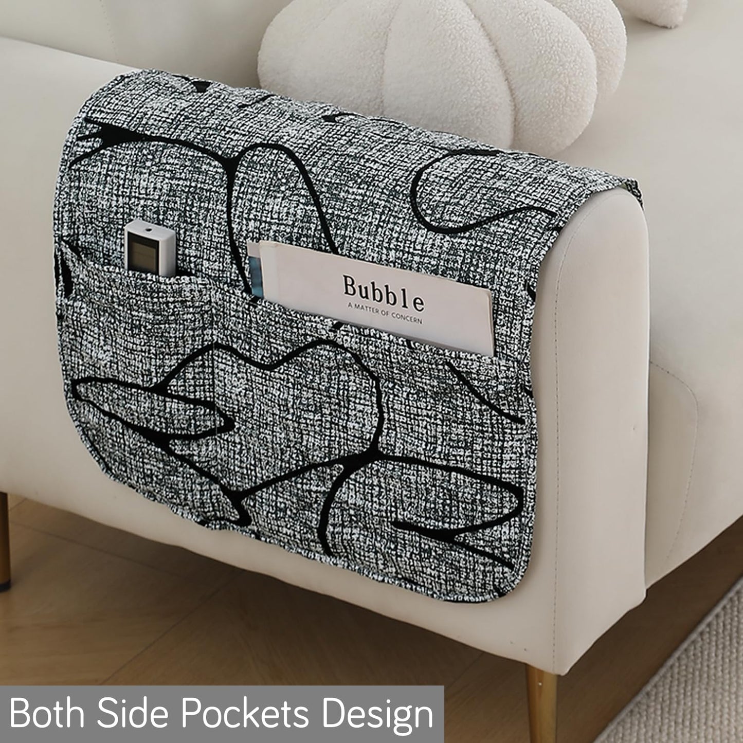 Water Repellent & Waterproof Sofa Armrest Covers with Pockets (Set of 2) - Intense Grey Abstract Floral