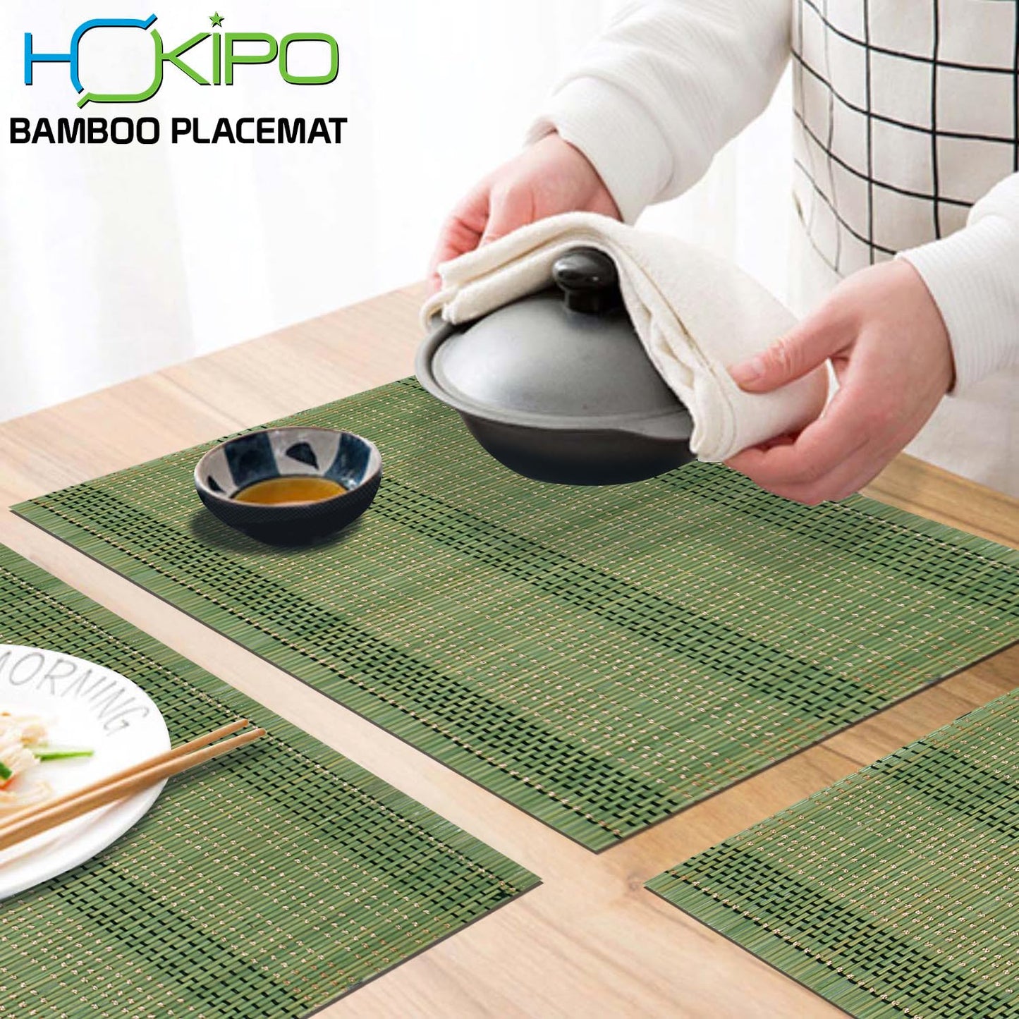 Reversible Bamboo Table Mats For Dining Table, Set Of 6 Placemats, 45X30 Cm, Green
