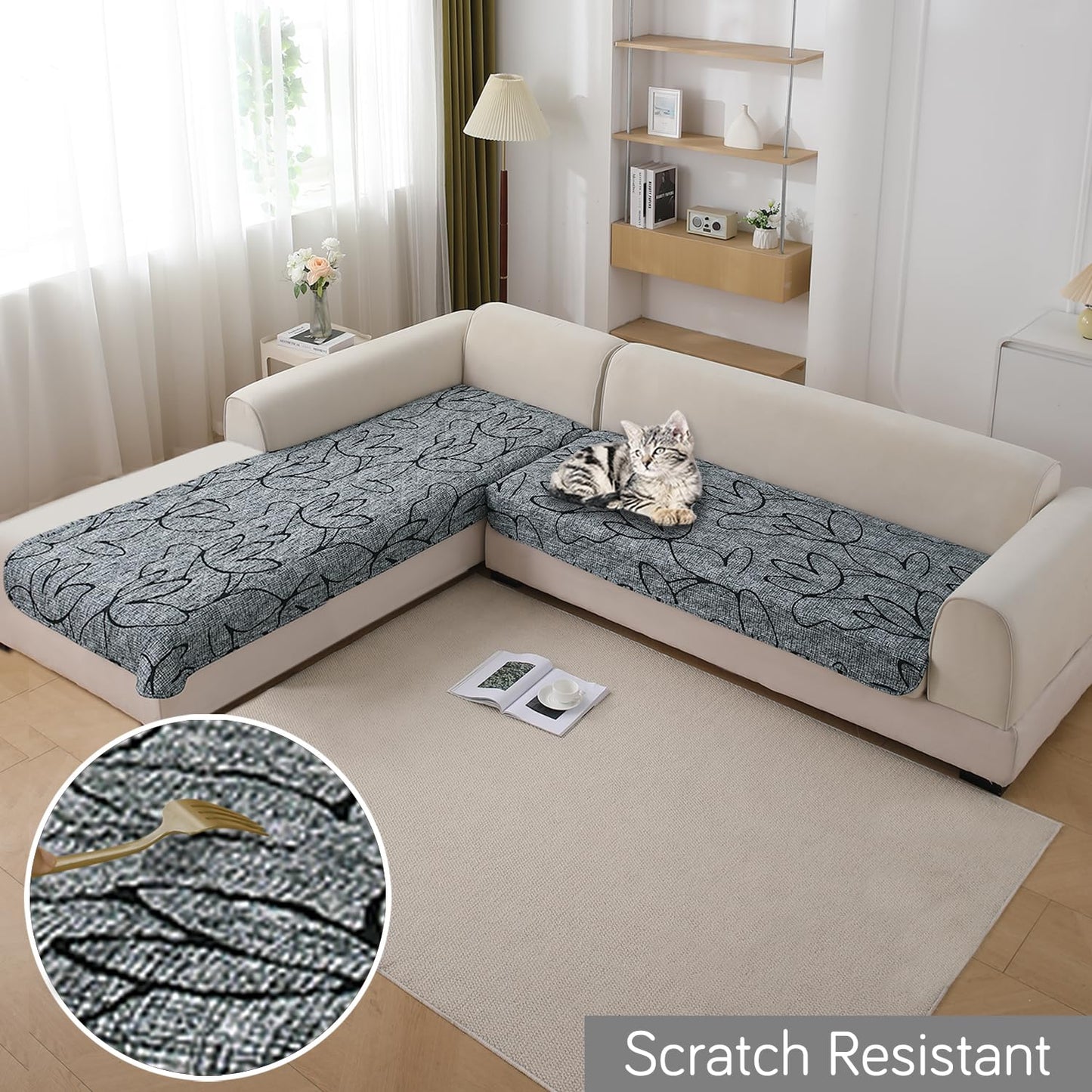 Waterproof Printed Quilted Quick Dry L Shape Sofa Seat Cover Mat, Intense Grey Abstract Floral