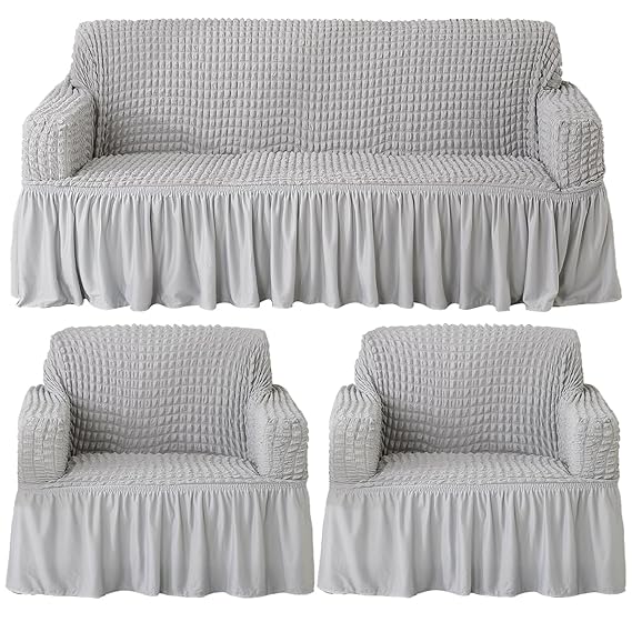 Elastic Stretchable 280 GSM Turkish Bubble Sofa Cover with Frill, Ash Grey