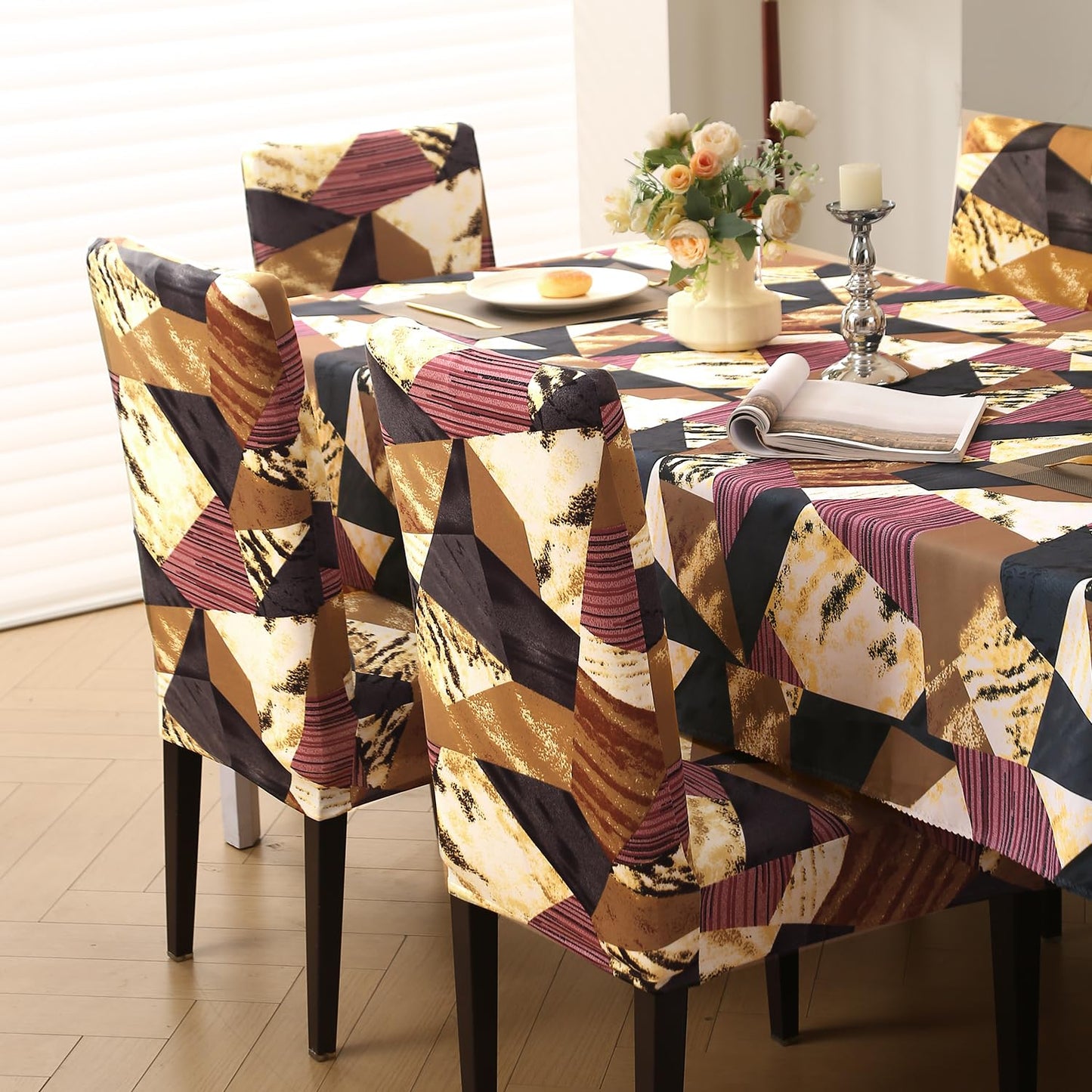 HOKIPO Elastic Dining Chair Covers with Matching Tablecloth, Wine Abstract Geometry