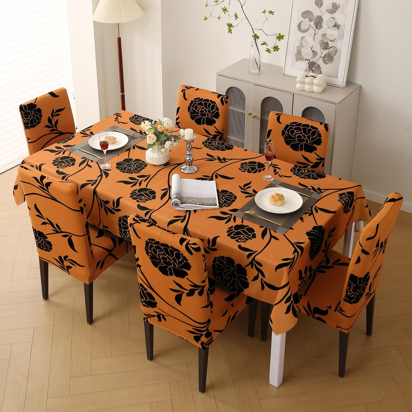 Elastic Dining Chair Covers with Matching Tablecloth, Copper Brown Floral