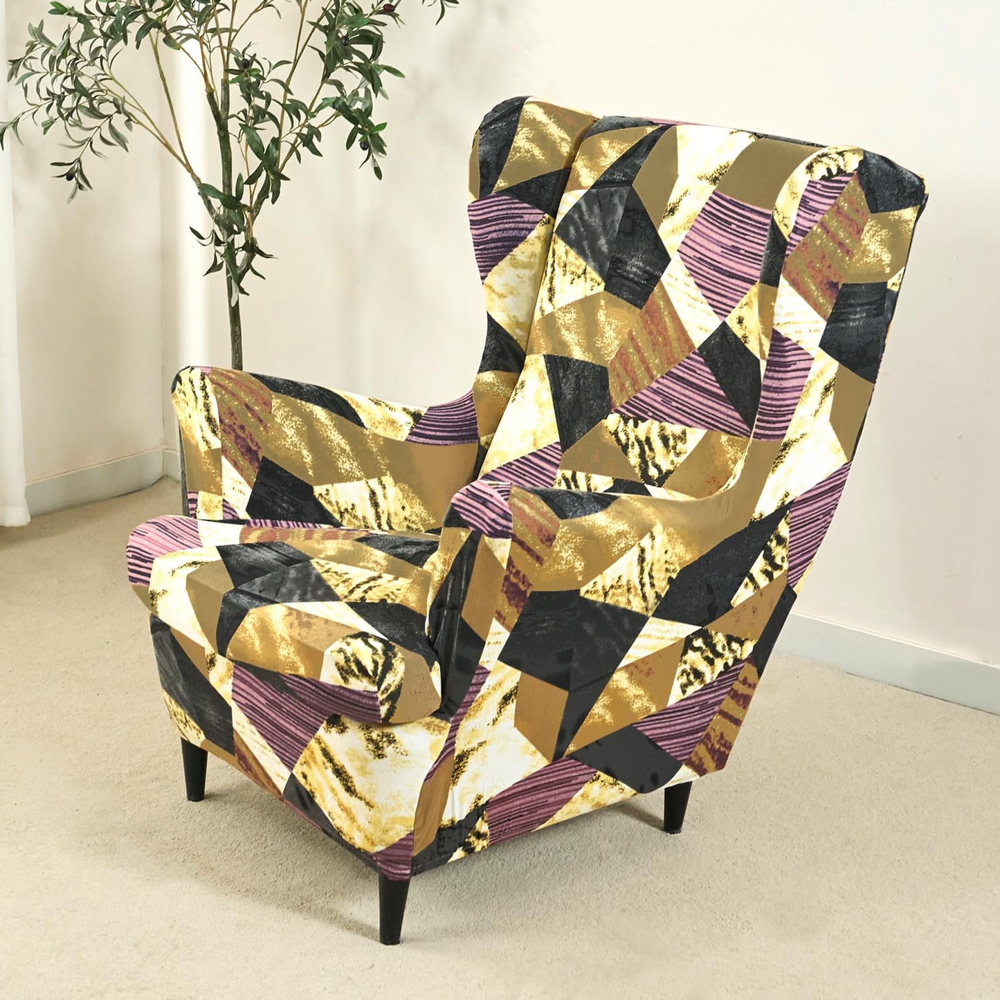Wine Abstract Geometry Stretchable Chair Cover for Wingback Chair