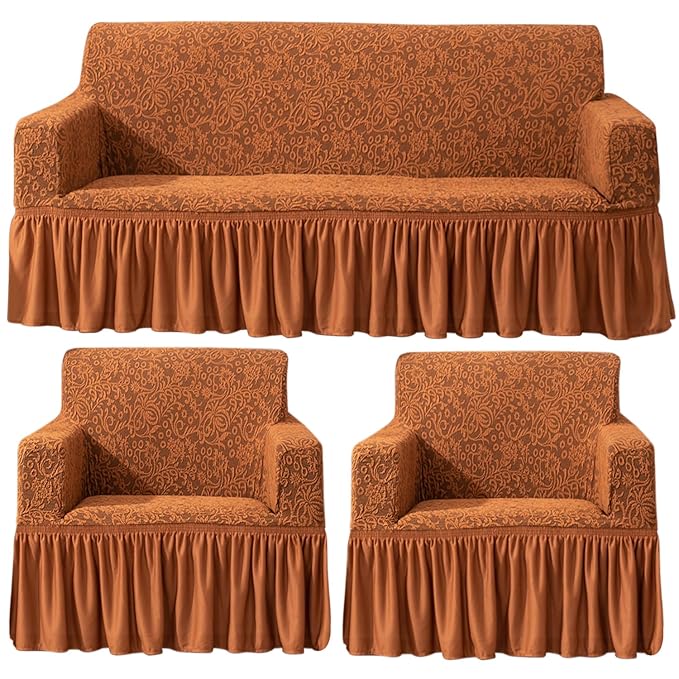 Caramel Brown elastic designer woven jacquard frill sofa cover 3 1 1