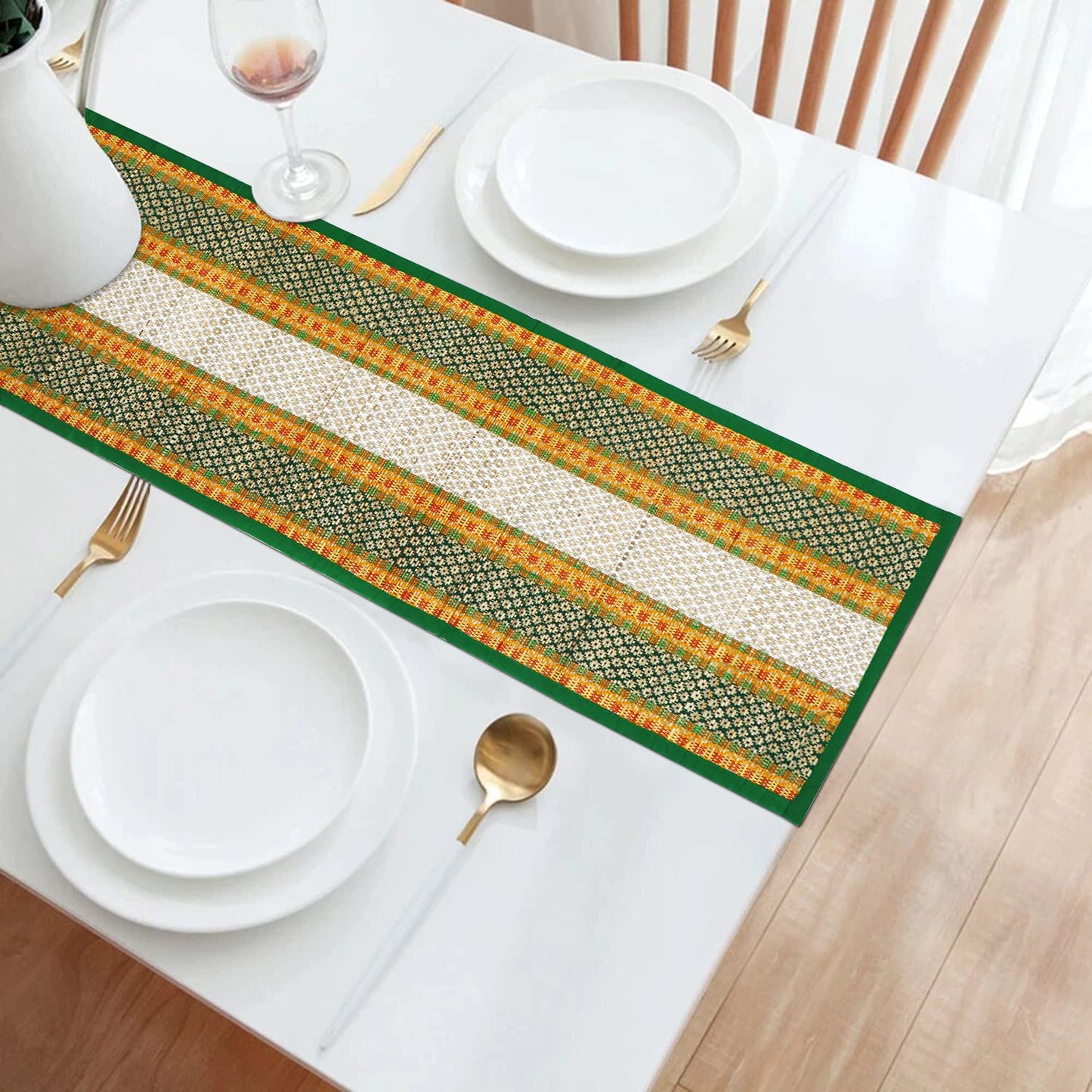 Natural Handmade Madurkathi Table Runner for Dining Table, Centre Table, Coffee Table, Teapoy, Green