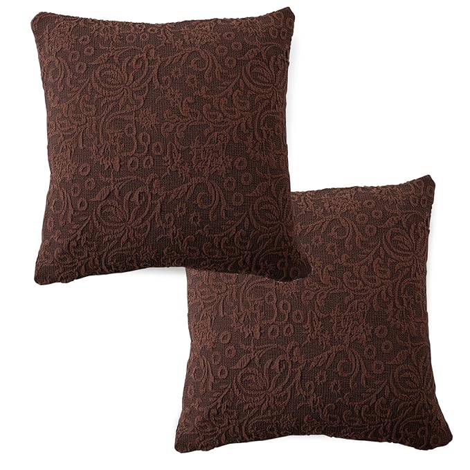 Elastic Stretchable Designer Woven Jacquard Sofa Cover with Frill and Cushion Cover, Pecan Brown