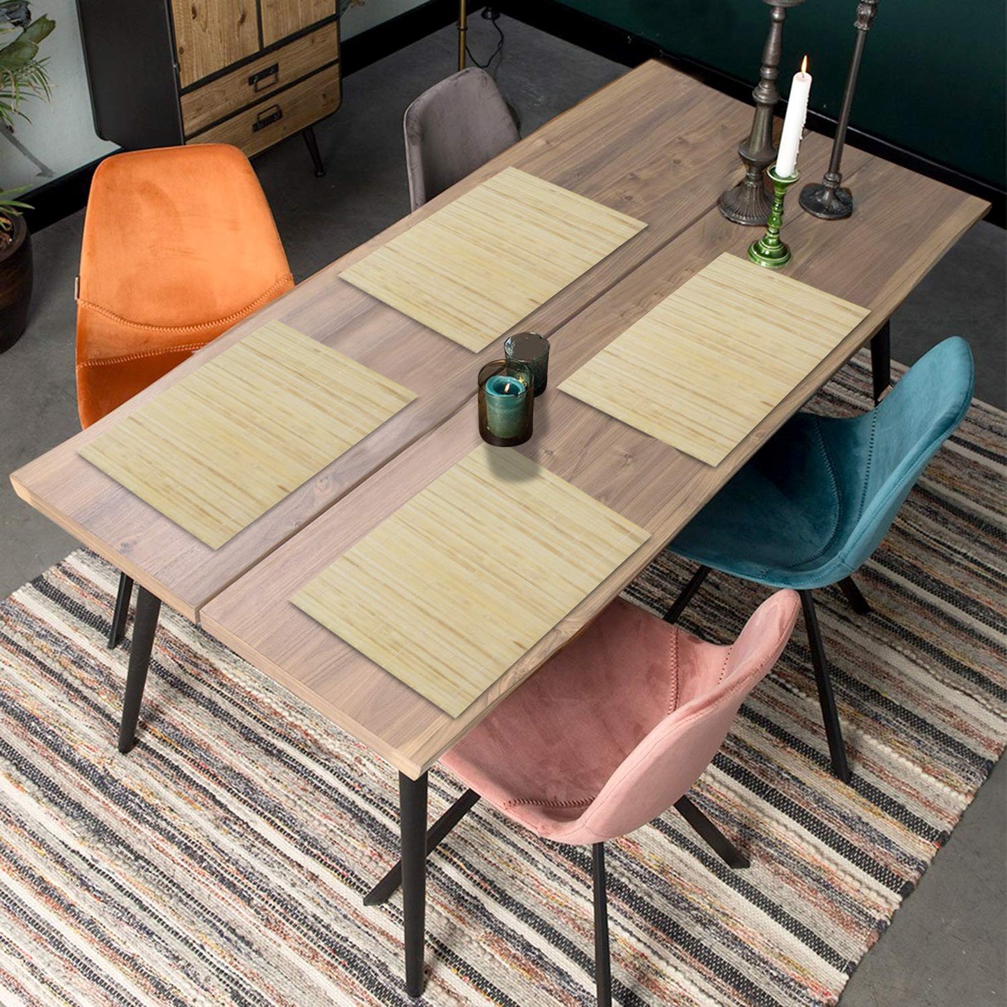Reversible Bamboo Table Mats for Dining Table, Set of 4 Placemats, 45x30 cm