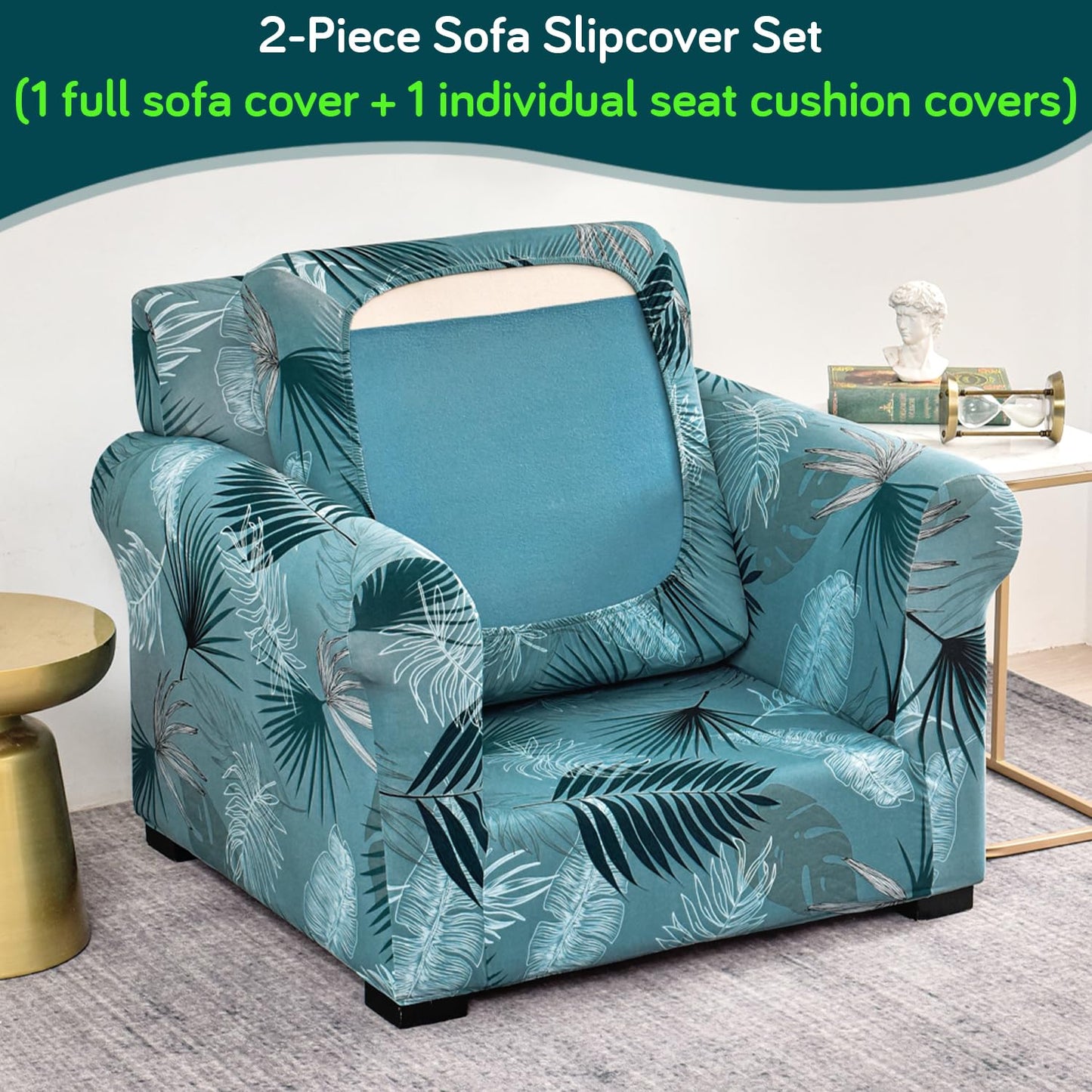 Printed Stretchable Sofa Slipcover with 1/2/3 Pc Separate Seat Cushion Cover for each 1/2/3 Seater, Aqua Palm Whisper