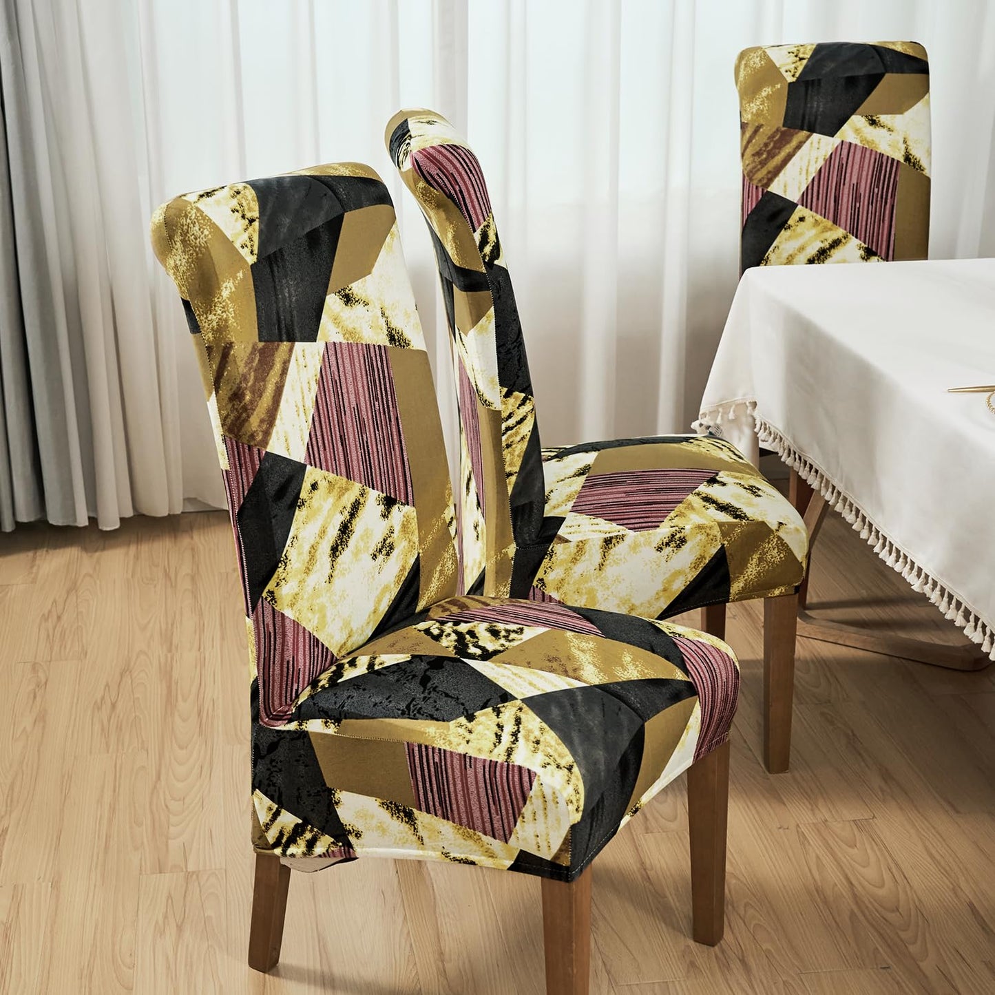 PolySpandex 140gsm High Back Dining Chair Cover Set of 1/2/4/6, Wine Abstract Geometry