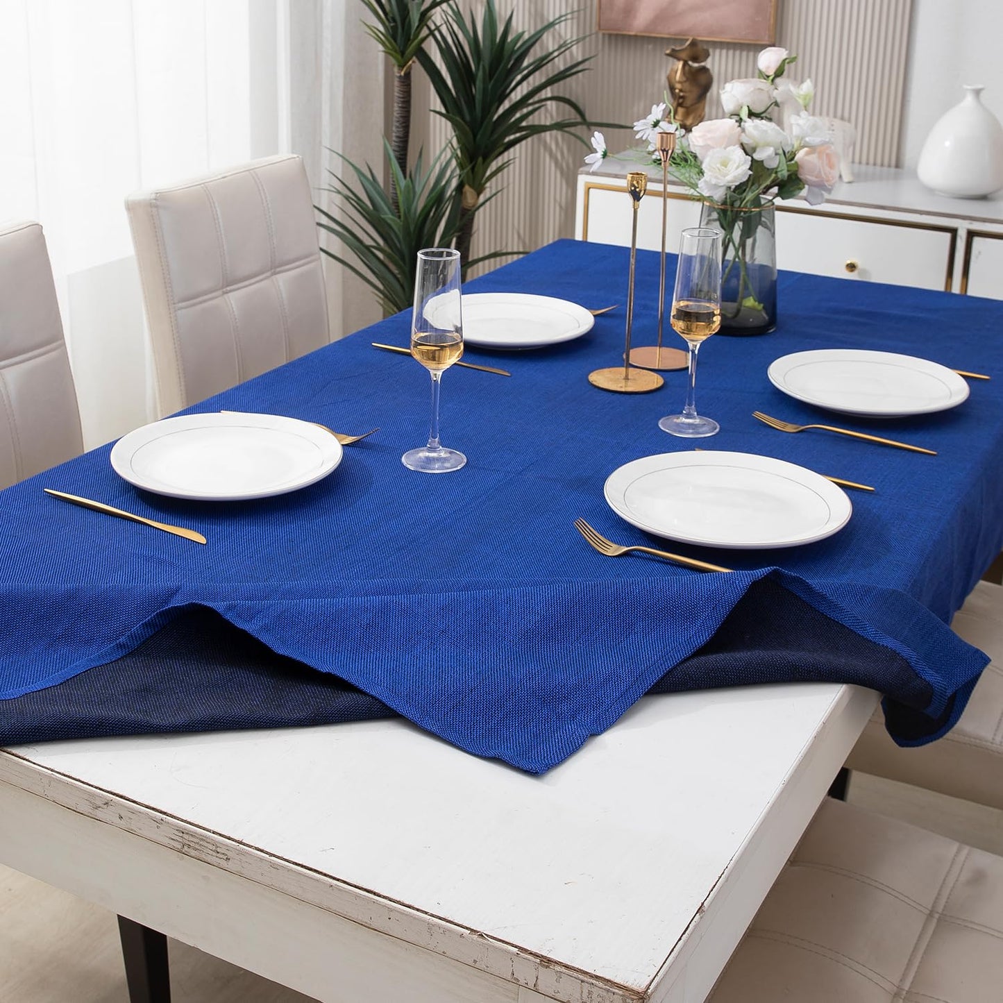 Poly Jute Dining Table Cover, Dark Blue