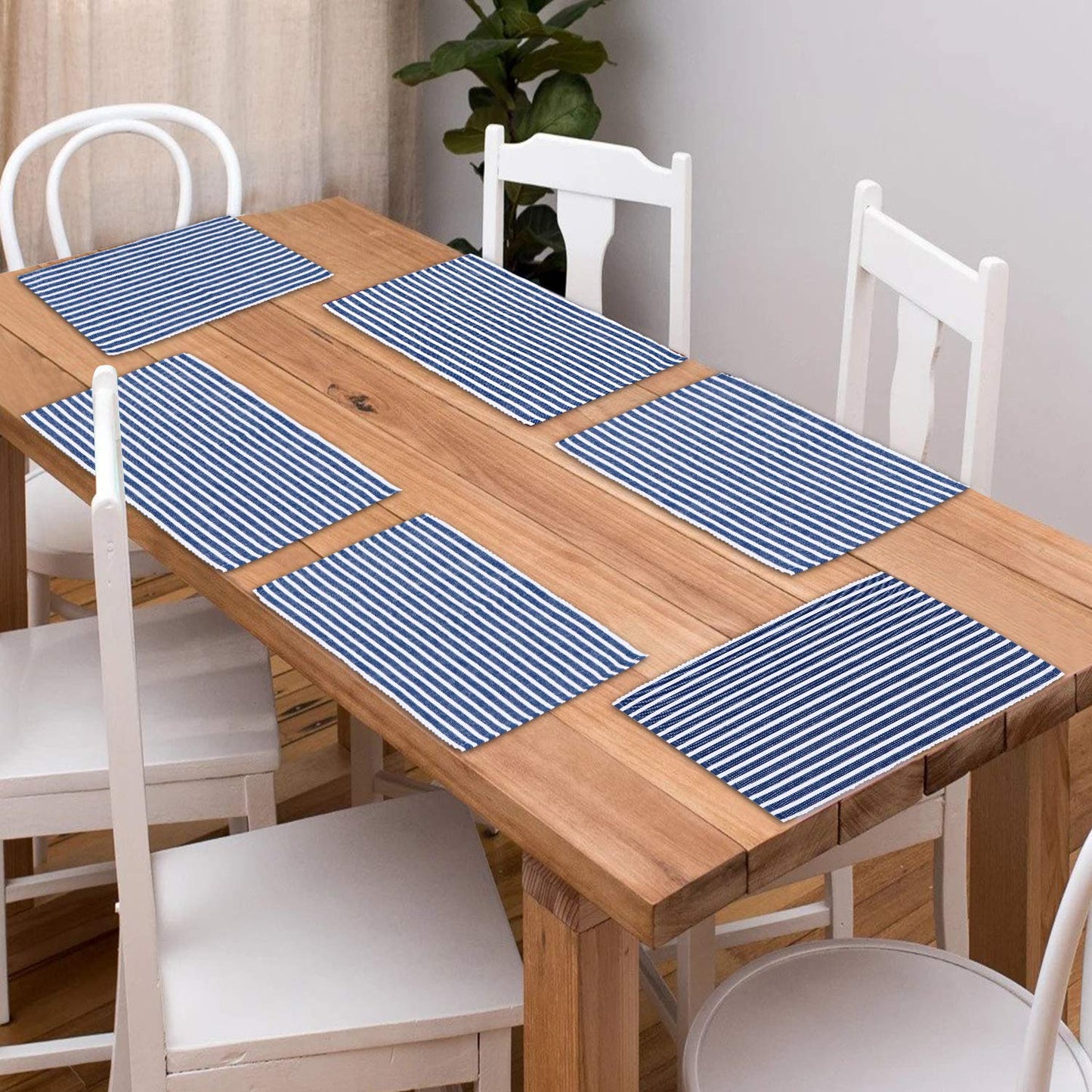 Ribbed Cotton Heat Resistant Dining Table Mat, Blue Striped