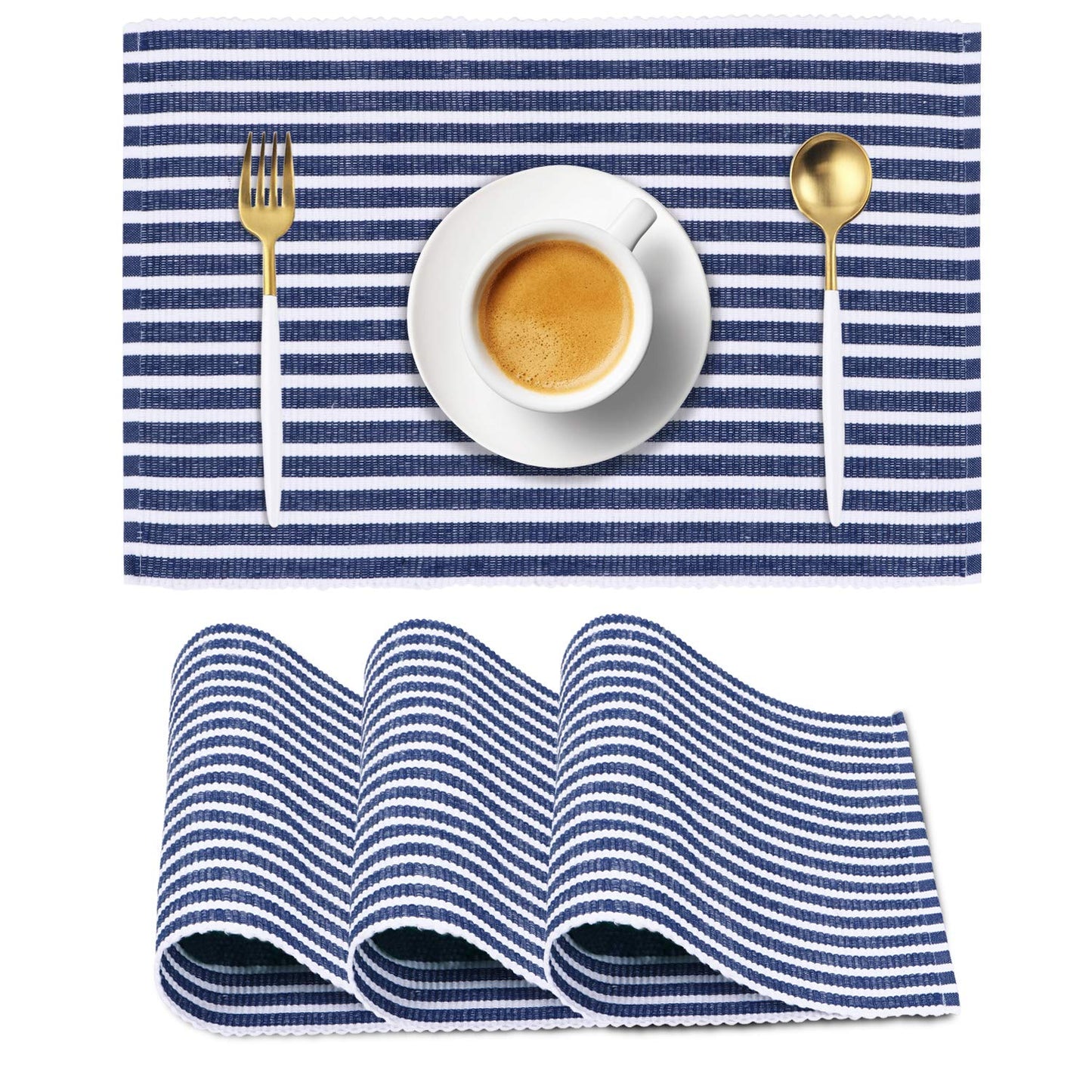 Ribbed Cotton Heat Resistant Dining Table Mat, Blue Striped