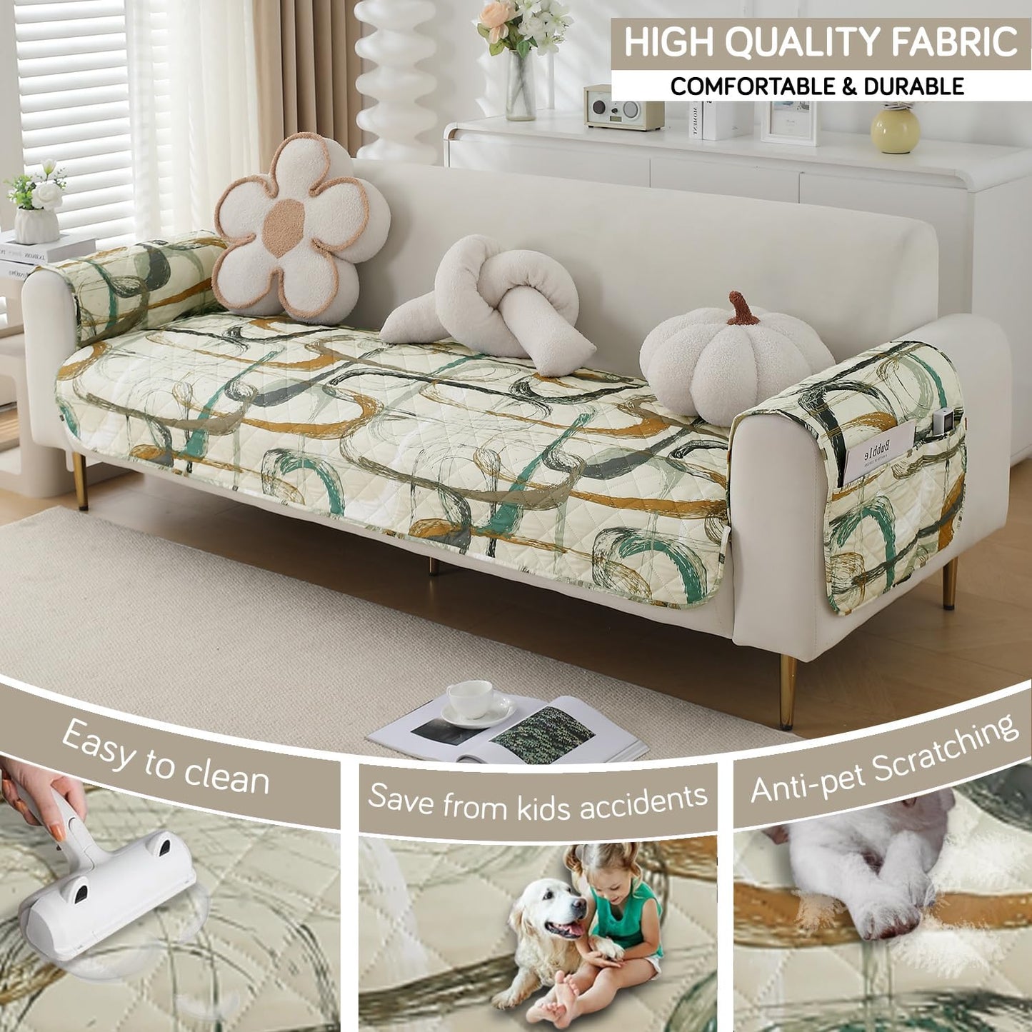 Waterproof Quilted Sofa Seat Mat for 1/2/3 Seater with 2 Armrest Covers with Pockets, Parchement Beige Abstract Art