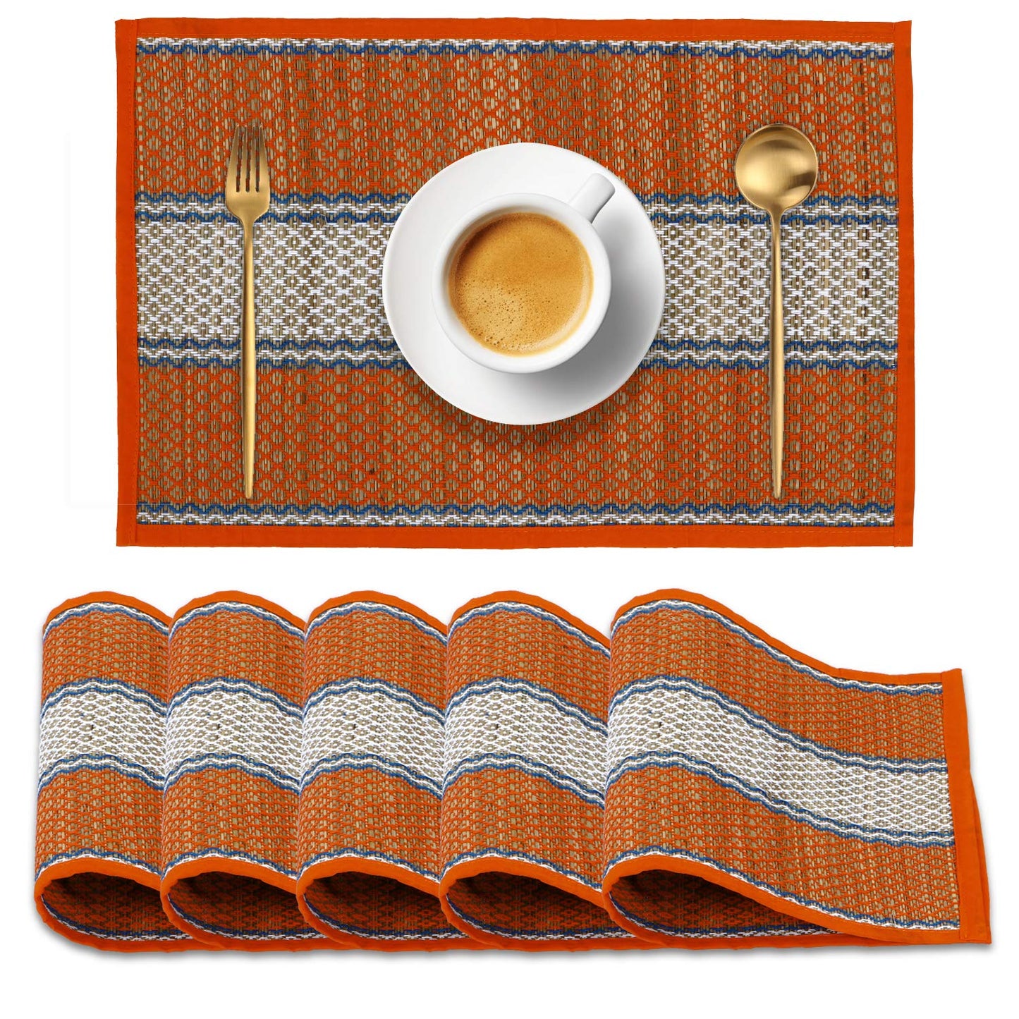 Handmade Madurkathi River Grass Dining Table Mats, Orange