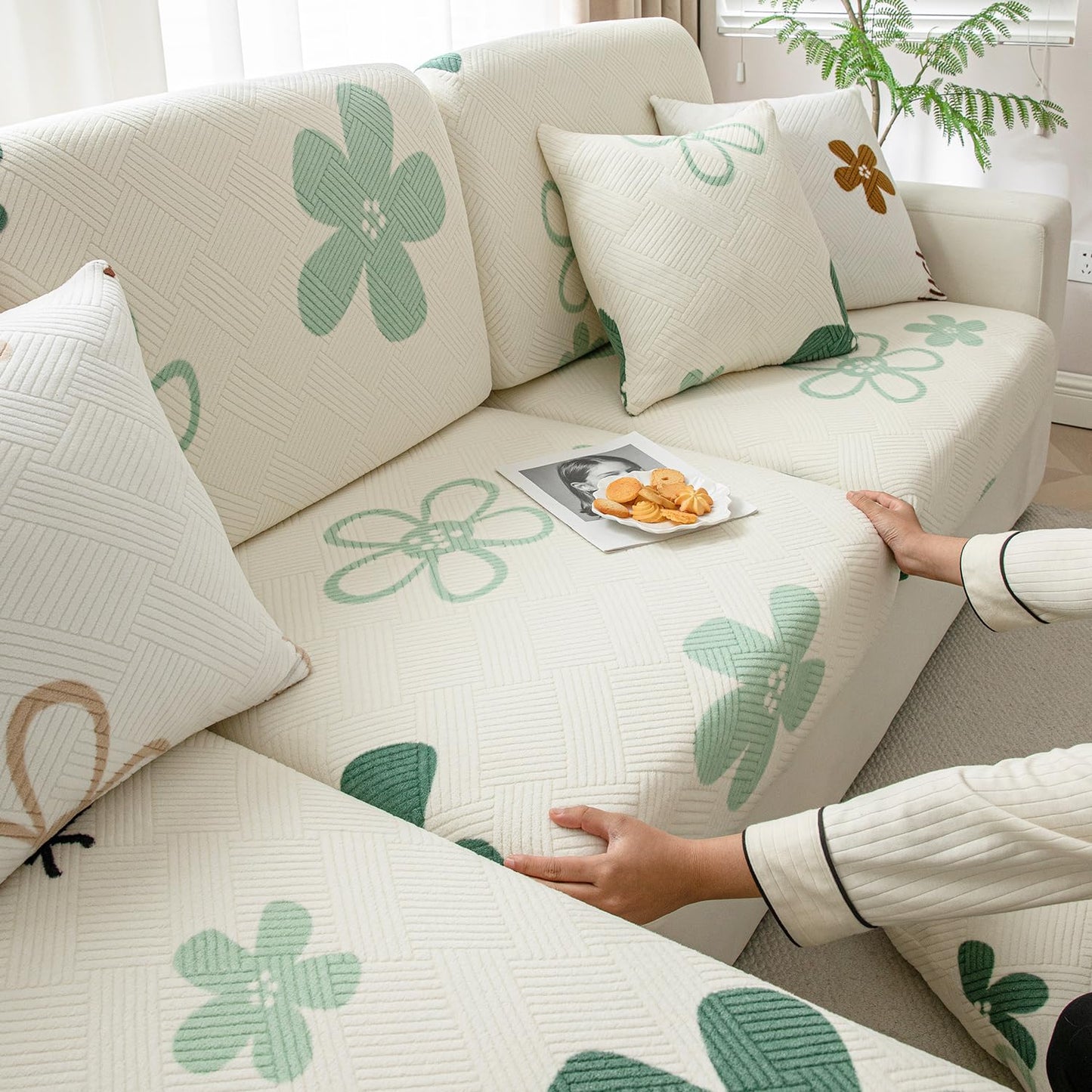 Stretchable Thick Fleece Textured Seat Couch Cushion Cover for 1/2/3 Seater, Celadon Green