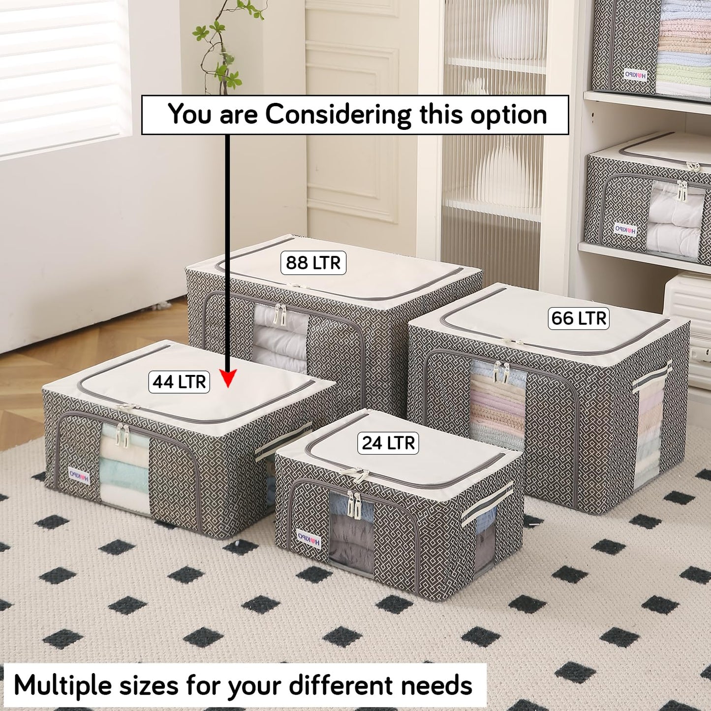 Wardrobe Organizer Storage Box | Foldable Cloth Storage Boxes with Metal Frame & Window | 600D Oxford Fabric, Charcoal Grey